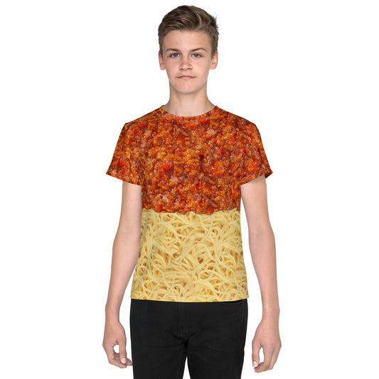 Teenage boy wearing an all over print spaghetti bolognese T-shirt with bolognese on top of the spaghetti, facing forward.