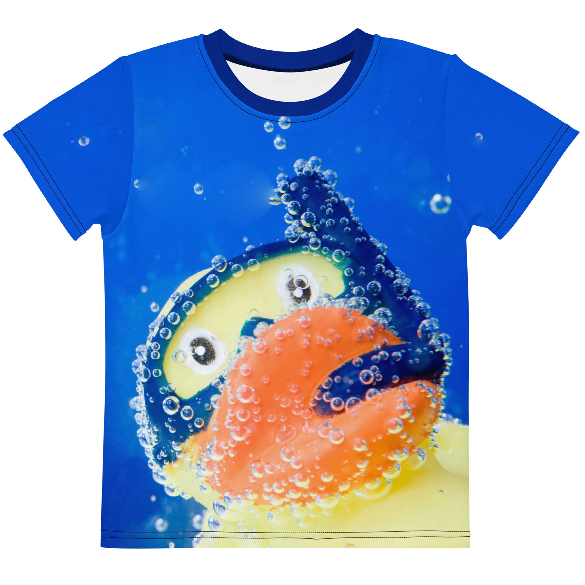 All over print Rubber Duck Snorkelling Underwater kid's T-shirt, laid flat, front.