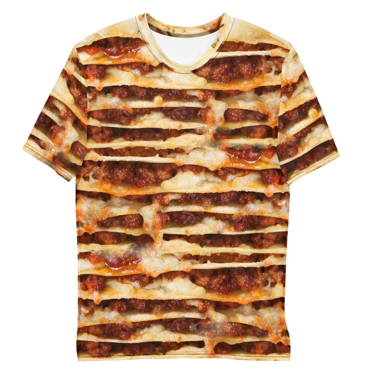 Lasagne layers all over print men's T-shirt laid flat front of shirt