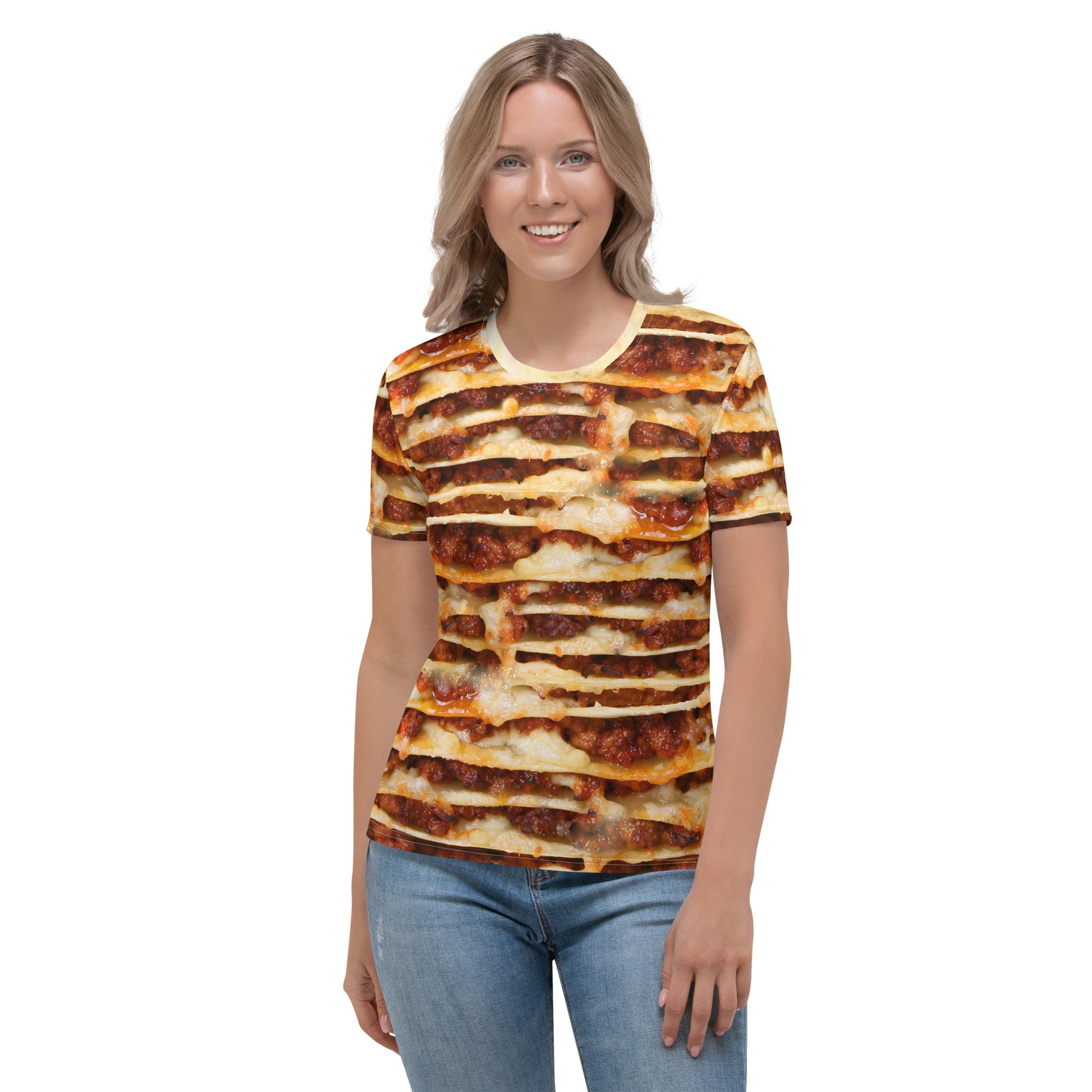 Lasagne layers 3D all over print women's T-shirt female model front