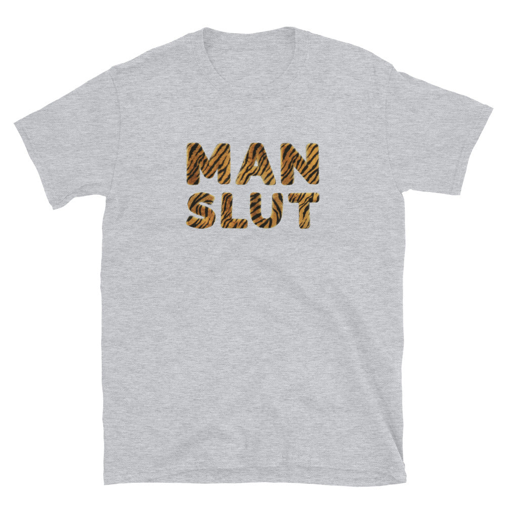 funny Man Slut T-shirt with Tiger Fur Printed Letters, laid flat, sport grey