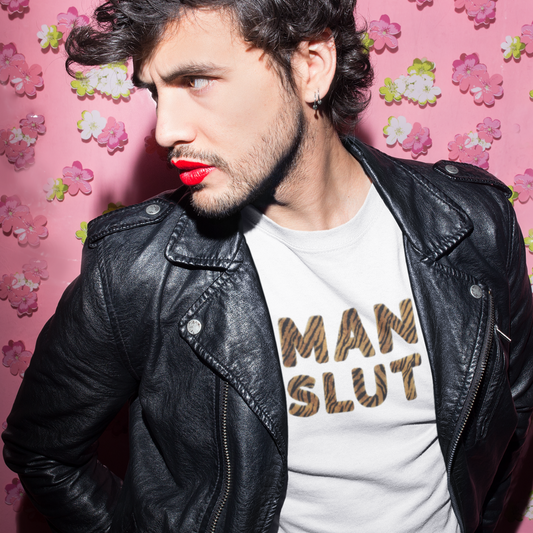 Sexy male model wearing a funny Man Slut T-shirt with Tiger Fur Printed Letters