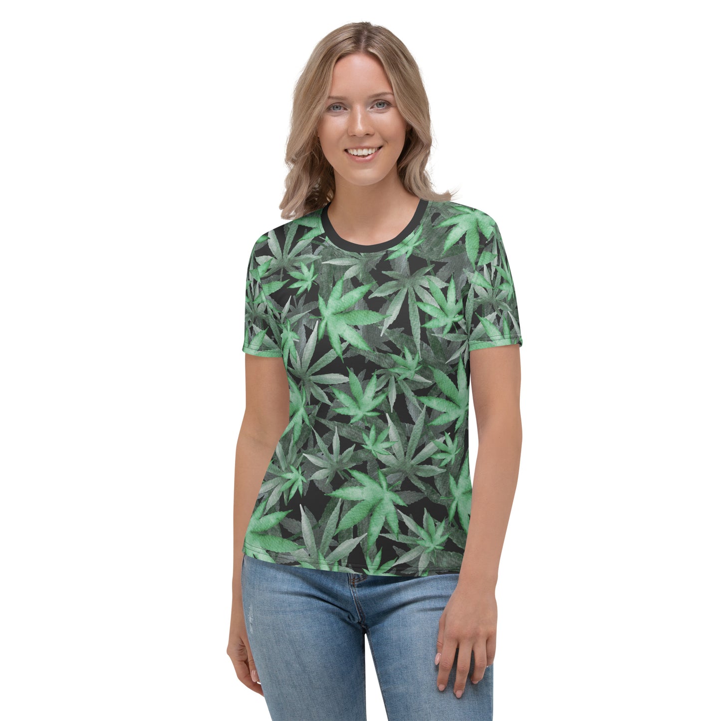 Cannabis hemp leaves all over print women's T-shirt female model front