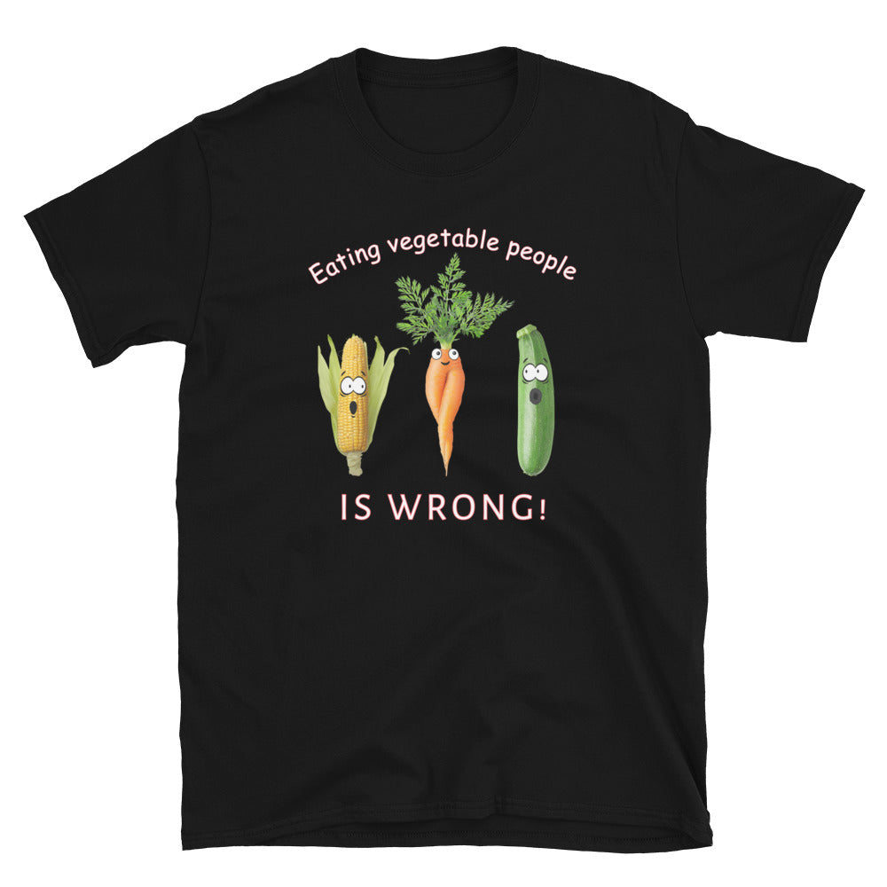 Black Eating Vegetable People is Wrong! T-shirt with humanised vegetables.