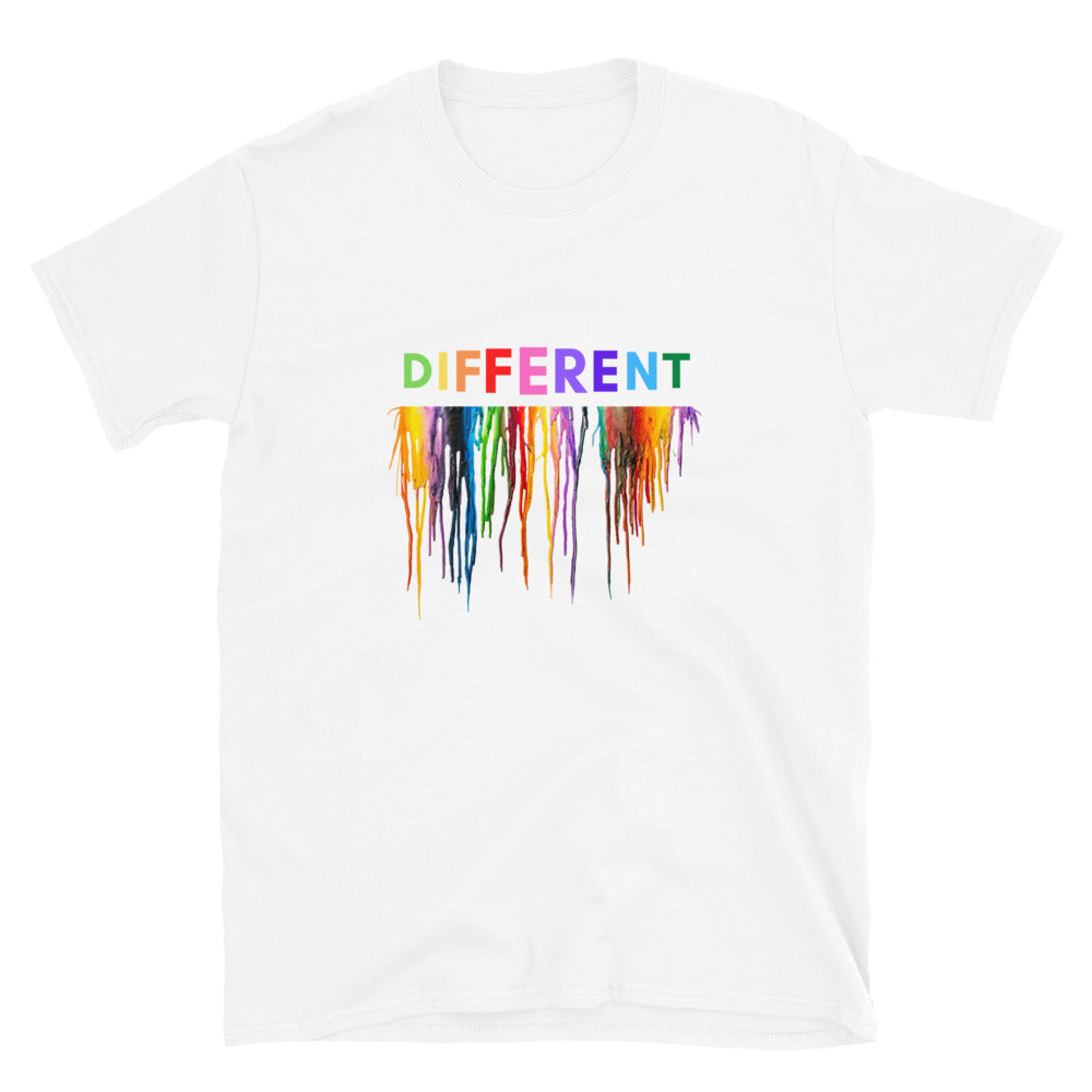 white tee shirt with melting crayon wax design that reads Different