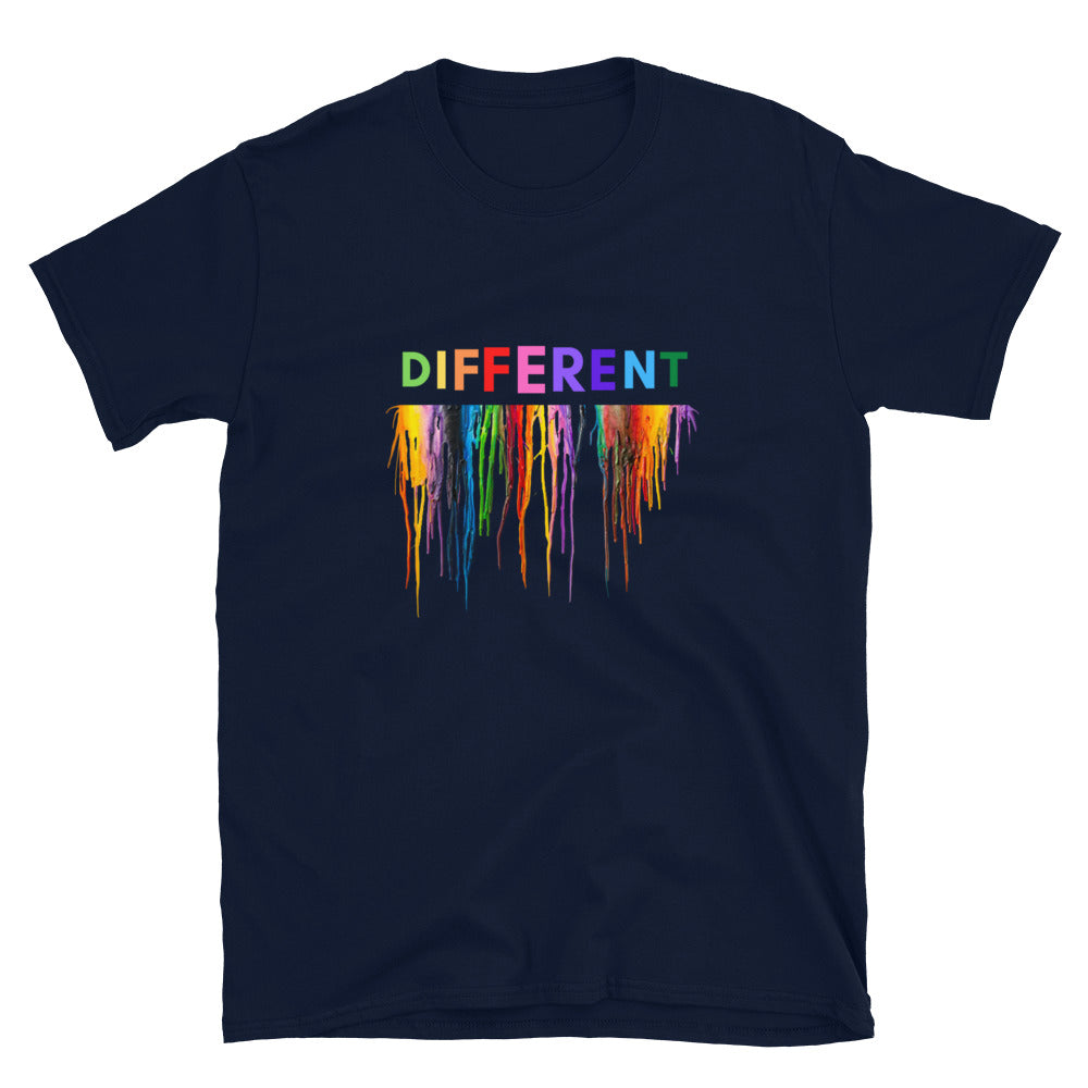 Melting crayons design with text that reads Different on a navy blue T-shirt