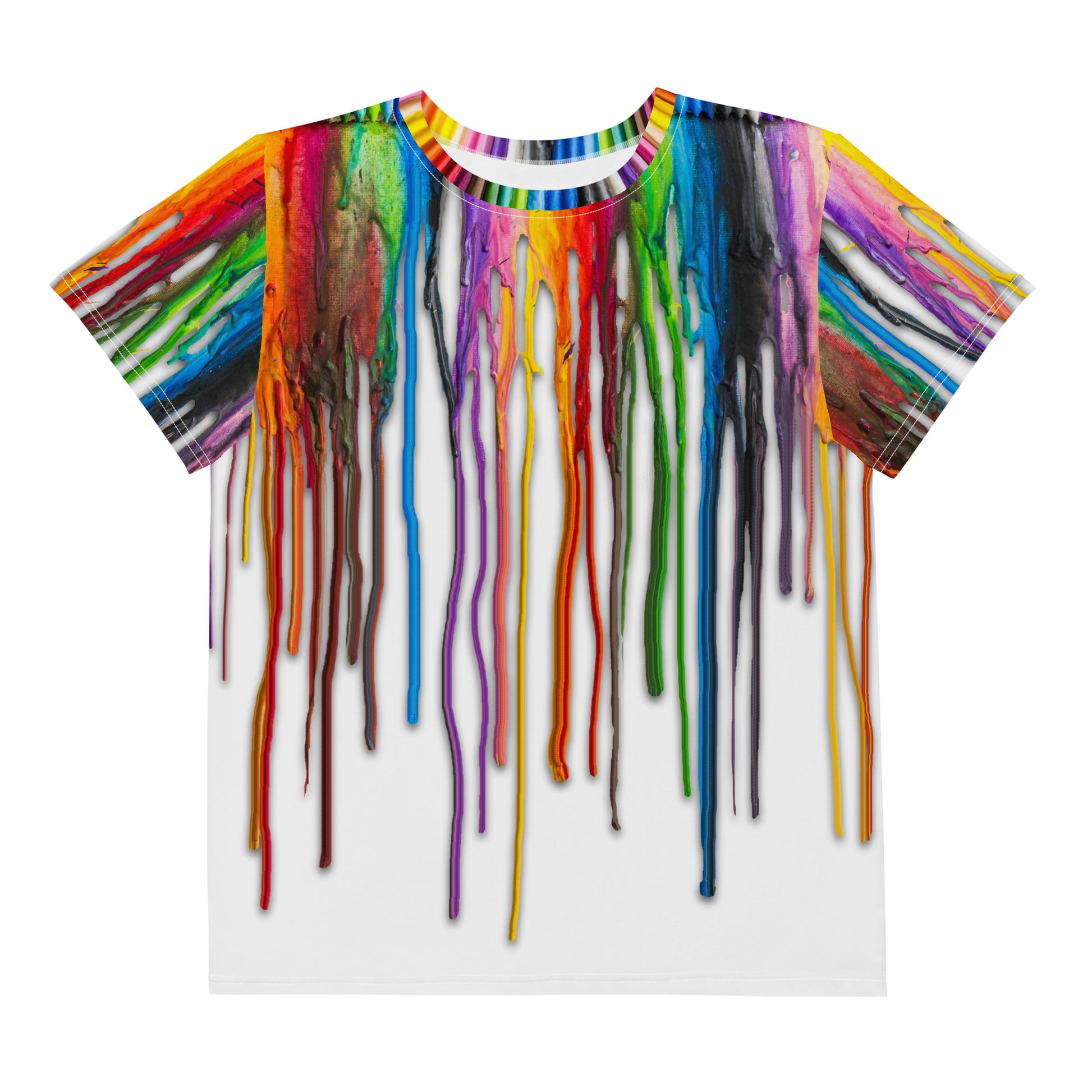 All over print Melted Crayons Dripping down the shirt T-shirt, laid flat, front.