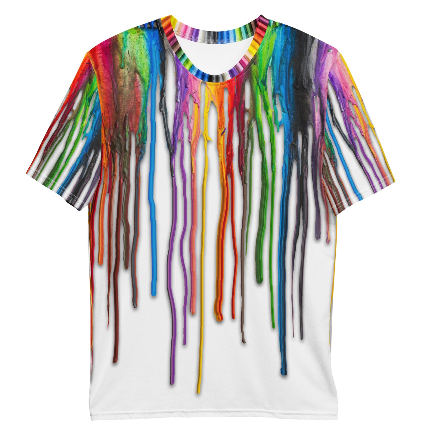 All over print Melted Crayons Dripping down the shirt men's T-shirt, laid flat, front.