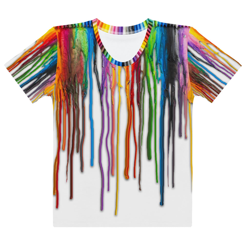 All over print Melted Crayons Dripping down the shirt T-shirt, laid flat, front.