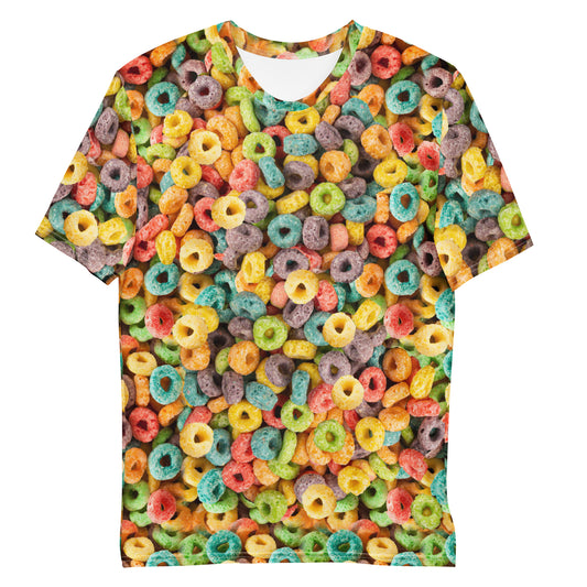 Fruity Cereal Loops men's all over print T-shirt, laid flat, front view