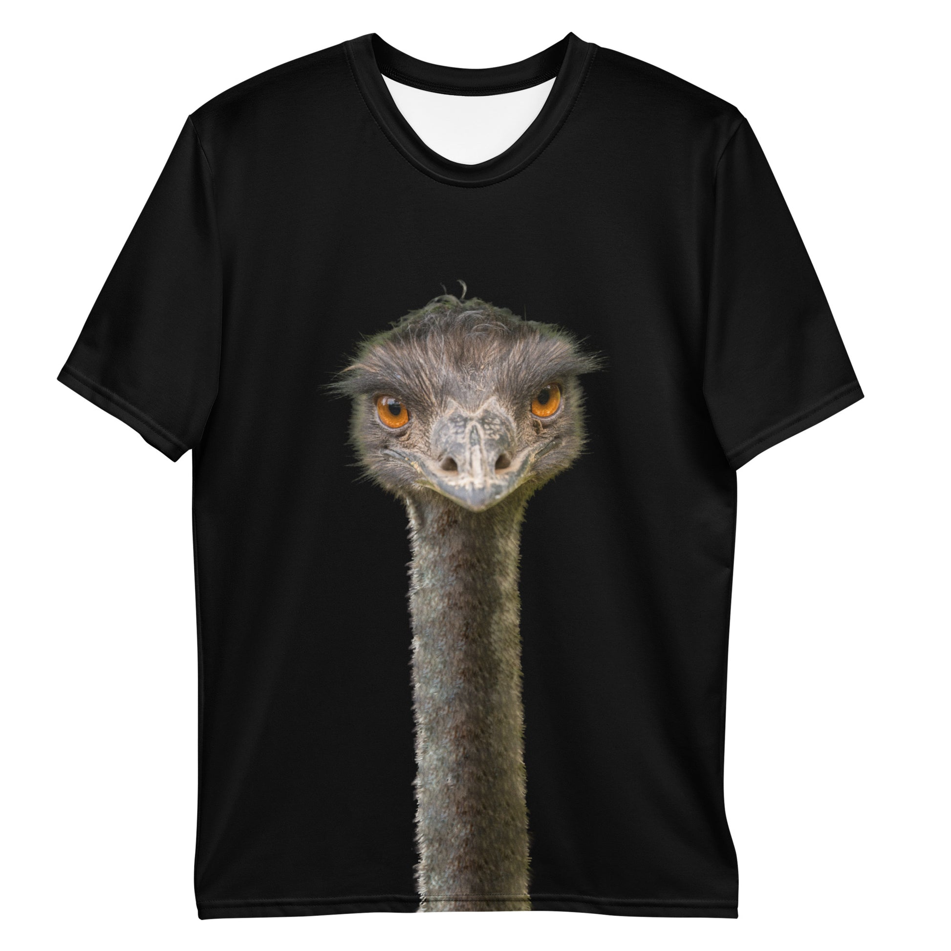 Men's all over print black T-shirt with an Emu head and neck printed on the front and back, laid flat, front view