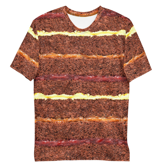 Chocolate Gateau Cake Layers all over print men's T-shirt laid flat front view