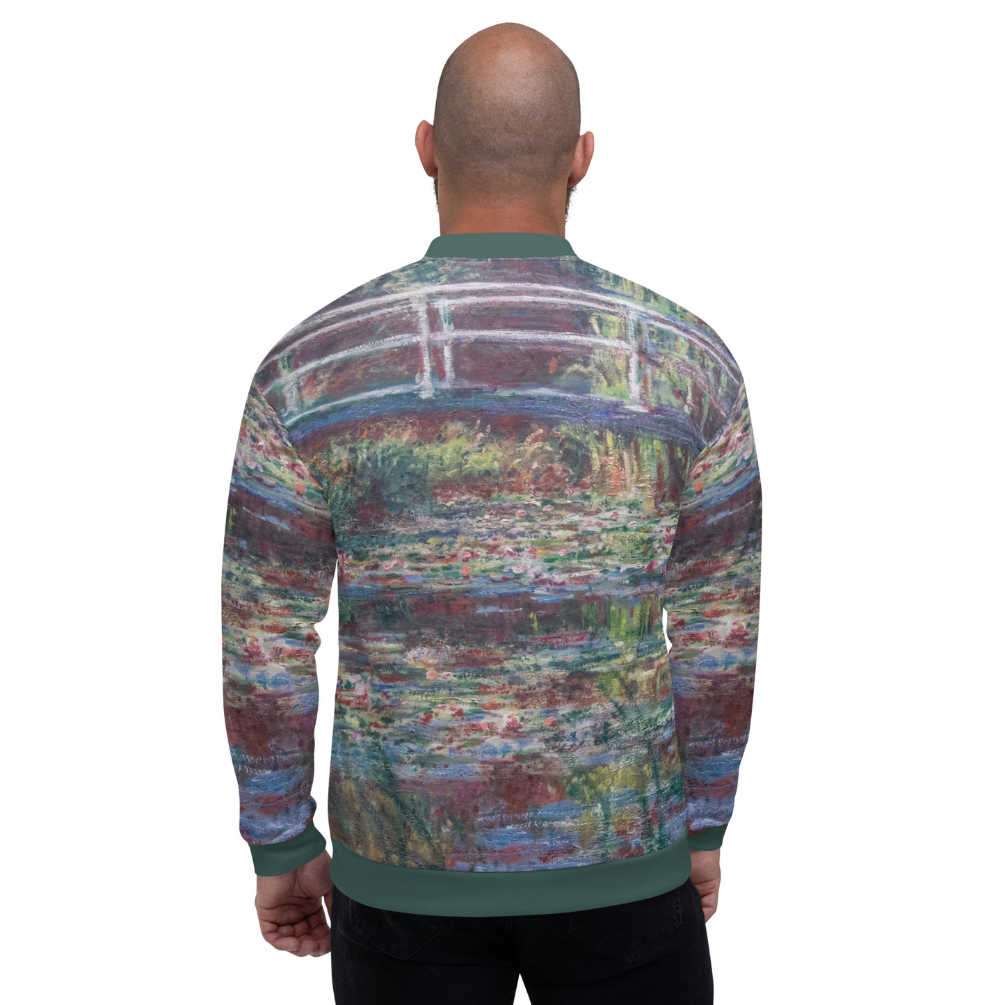 Lightweight bomber style jacket featuring Monets 'Le Bassin aux nymphéas, Harmonie rose' Unisex Lightweight Jacket - Bridge Over Monets Pond & Water Lilies Print.