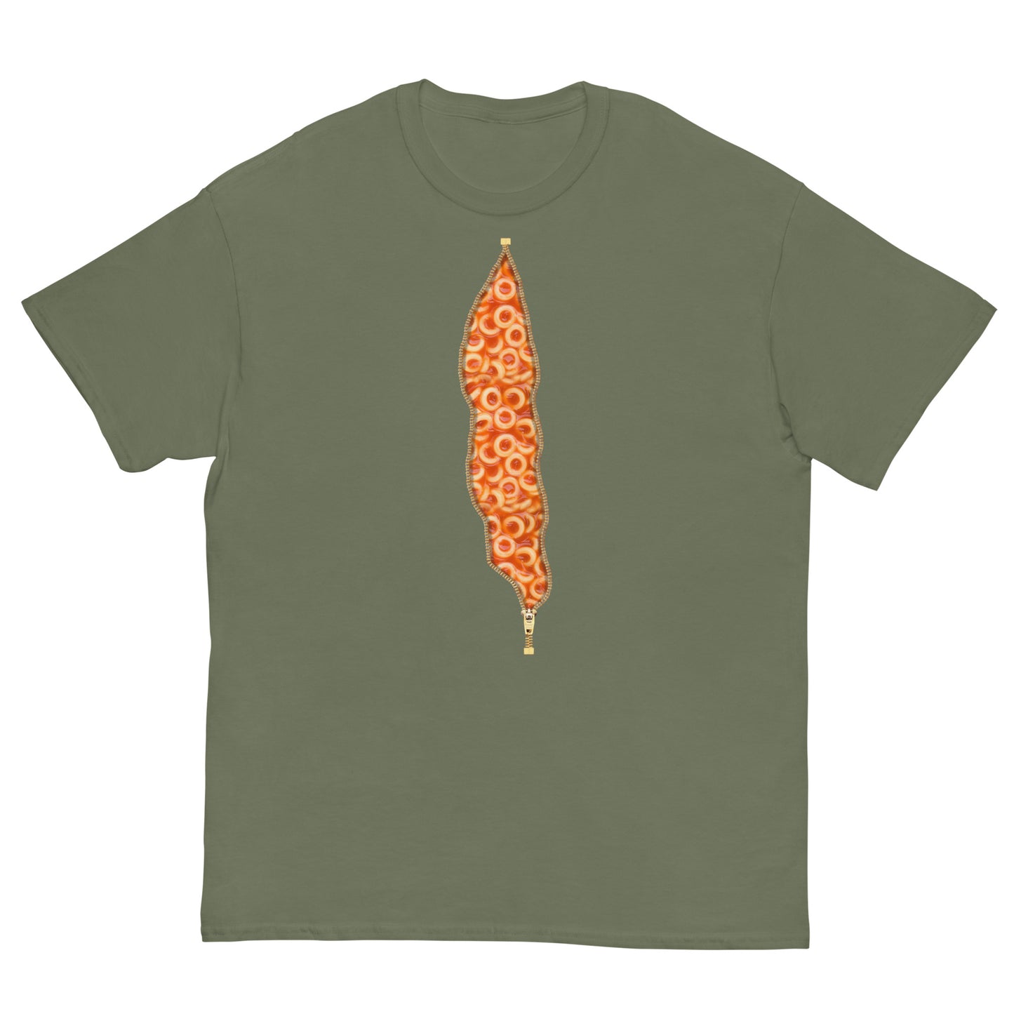 Military green unisex T shirt with spaghetti hoops design