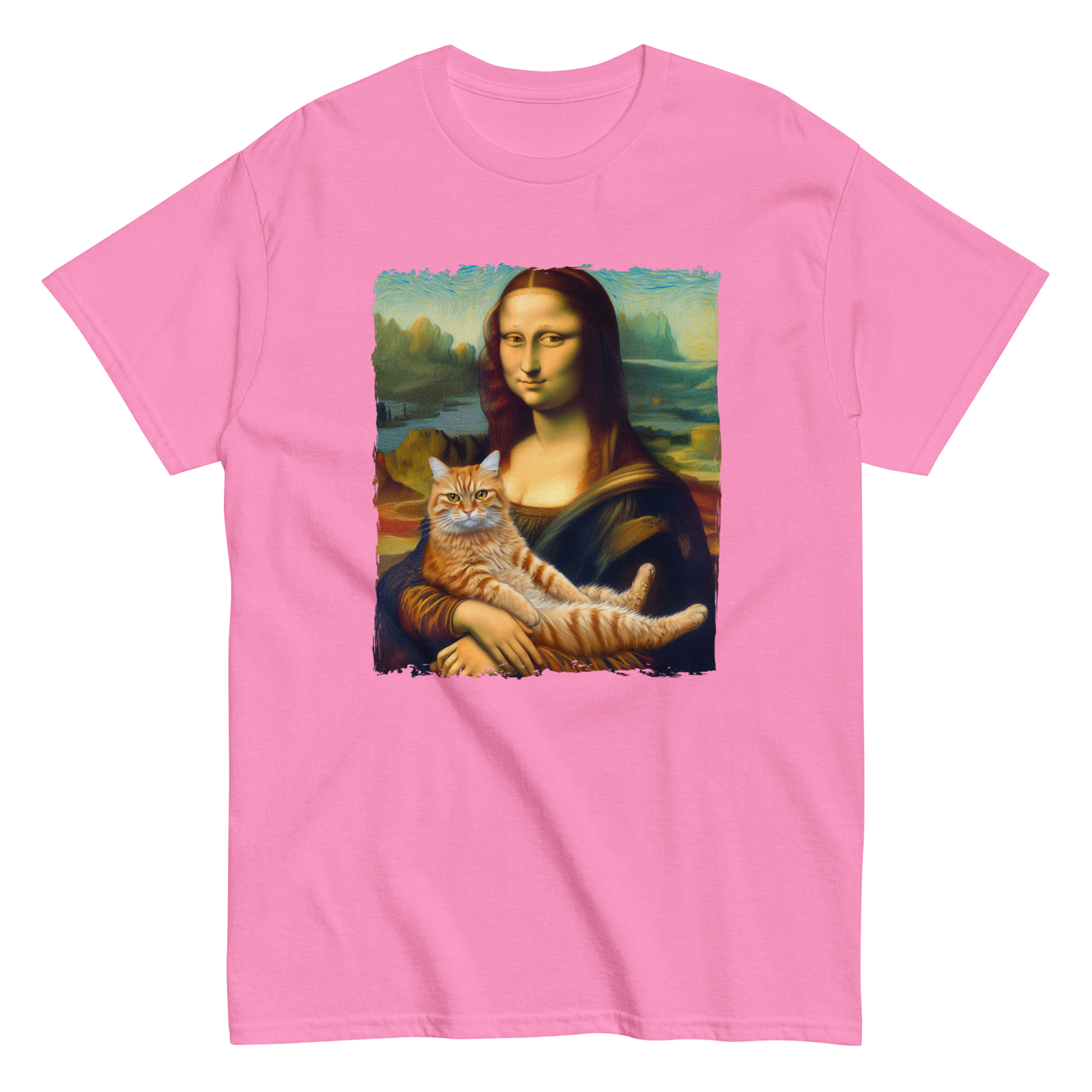 funny Mona Lisa holding a ginger cat T-shirt, azalea pink.