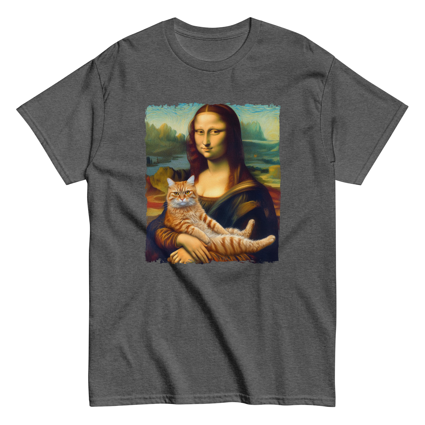 funny Mona Lisa holding a ginger cat T-shirt, dark heather grey.