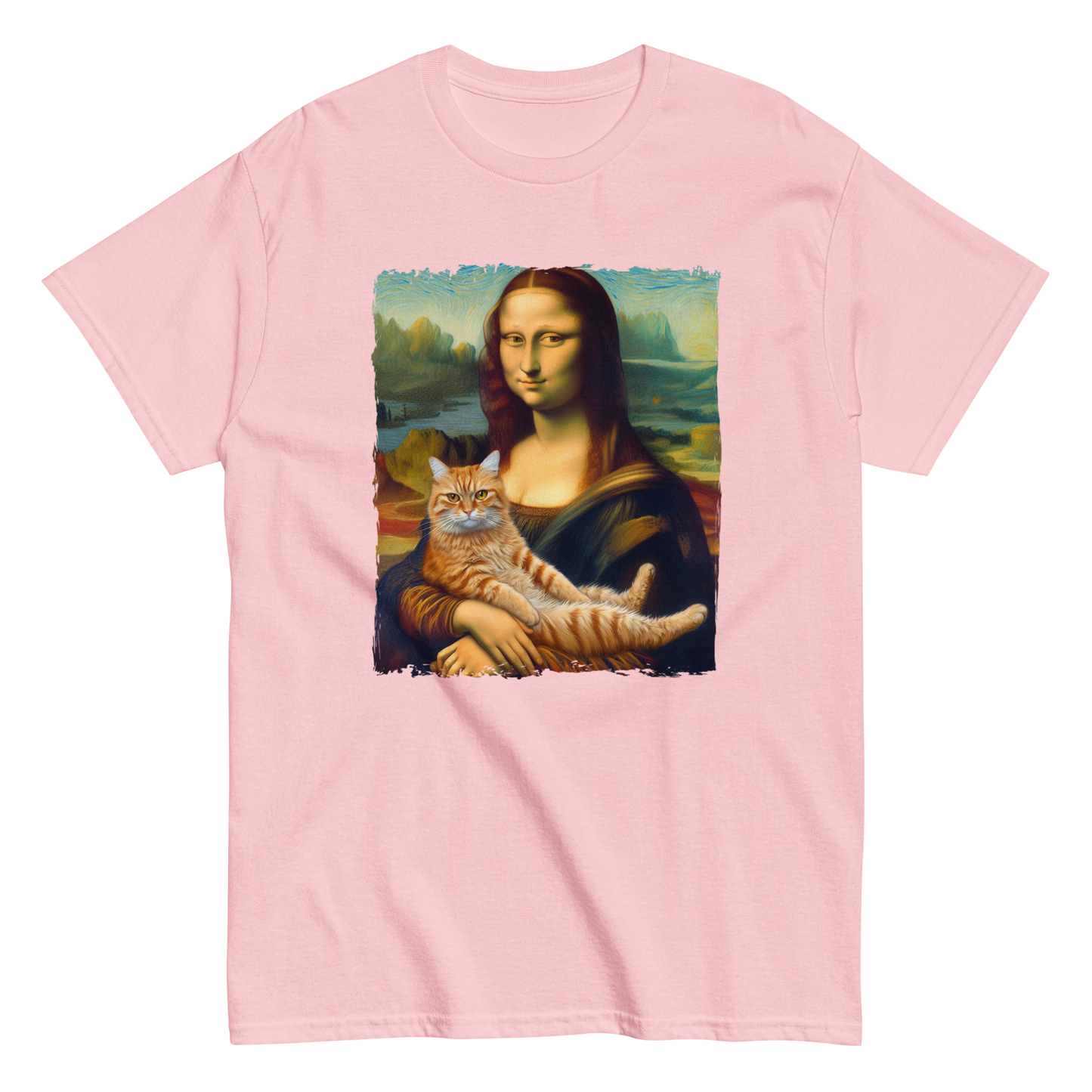 funny Mona Lisa holding a ginger cat T-shirt, light pink.