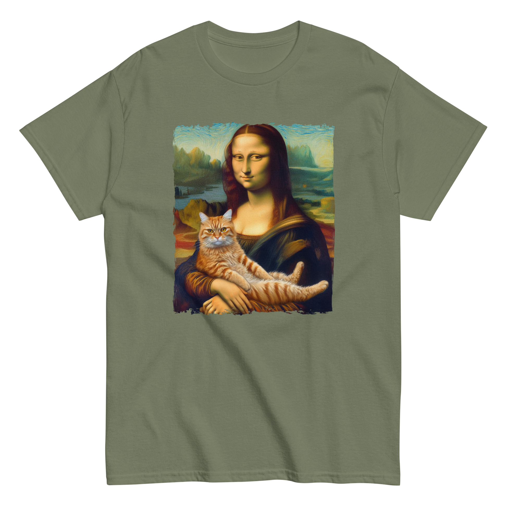 Amused Mona Lisa holding a ginger cat T-shirt