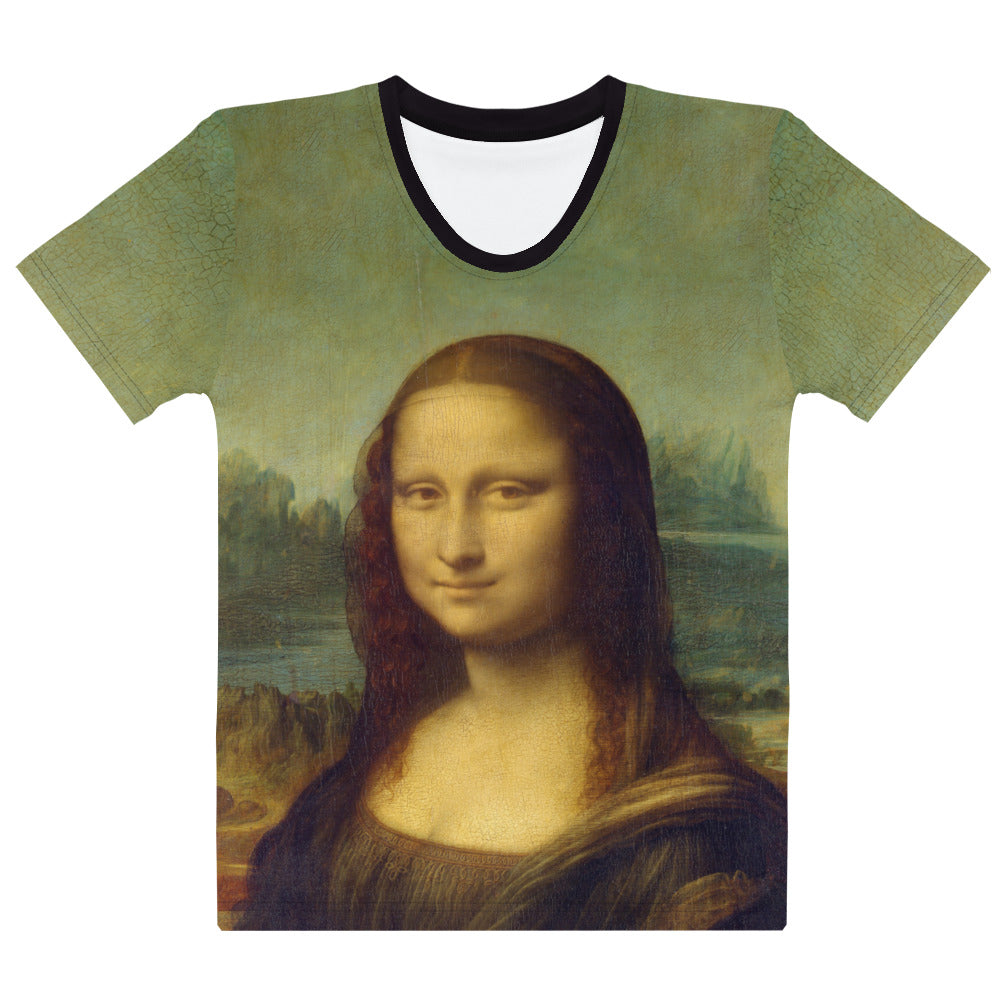 All over print Mona Lisa T-shirt, close up of her face front and back of shirt, laid flat, front.