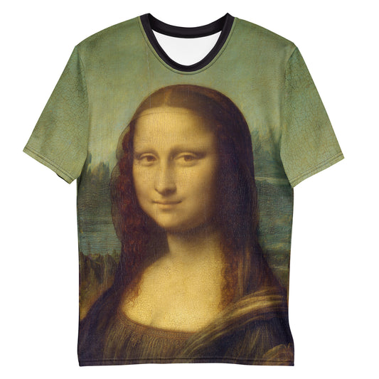 Mona Lisa Smile all over print Novelty T-shirt, laid flat, front.