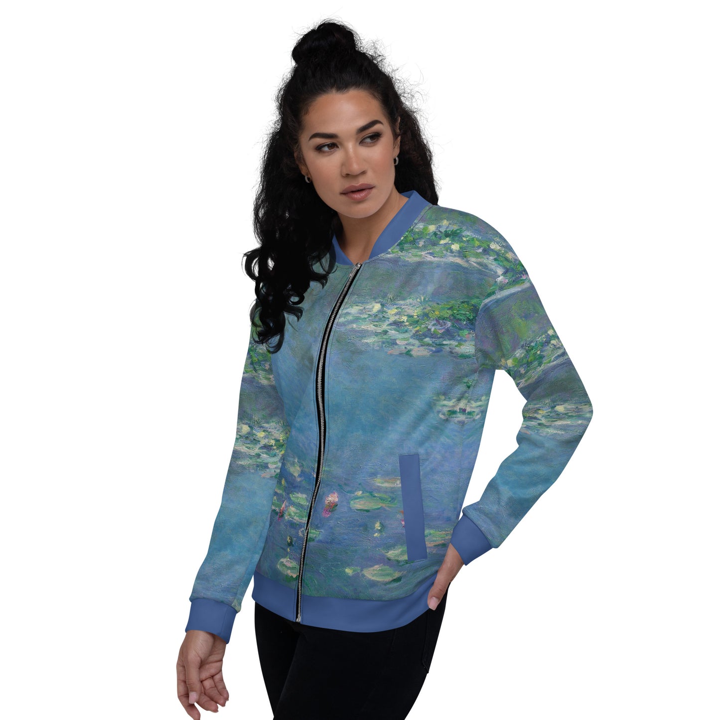 Lightweight unisex bomber style jacket printed with Claude Monet's 'Water Lilies'. female model.