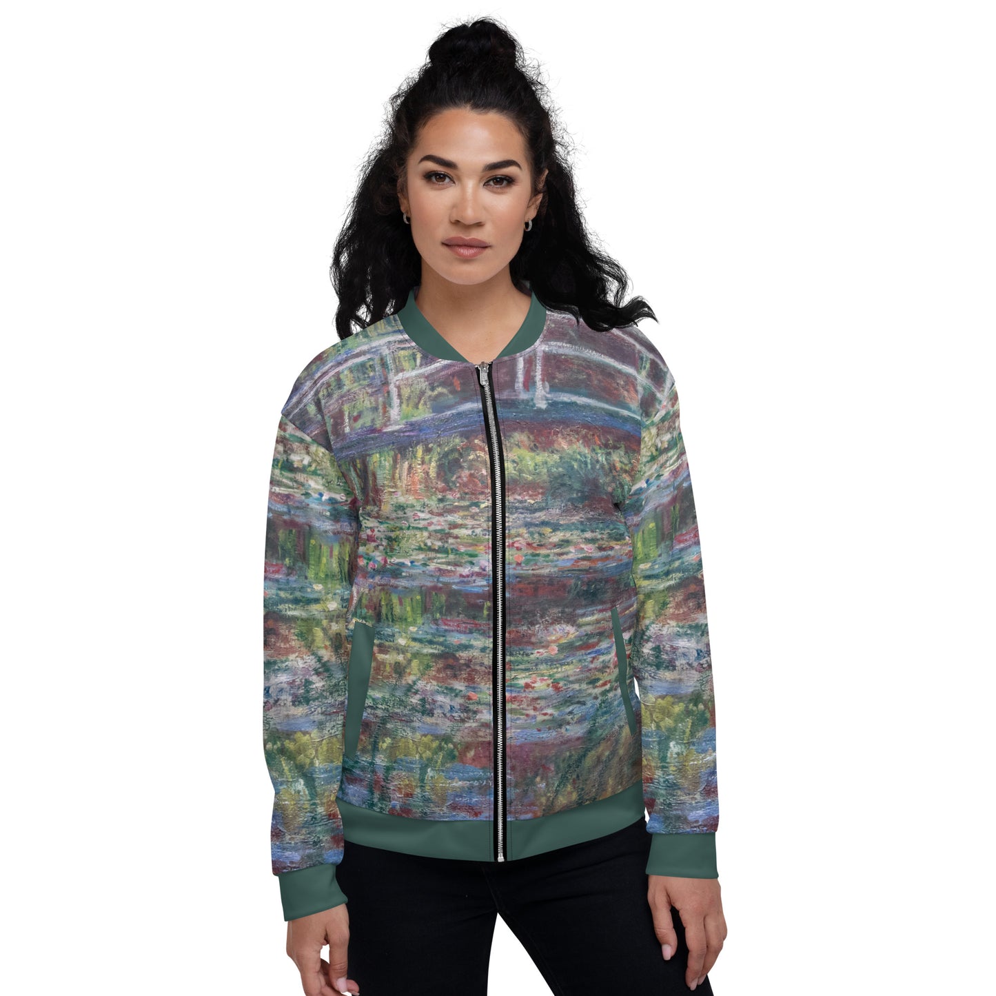 Lightweight bomber style jacket featuring Monets 'Le Bassin aux nymphéas, Harmonie rose' Unisex Lightweight Jacket - Bridge Over Monets Pond & Water Lilies Print. Female model facing front.