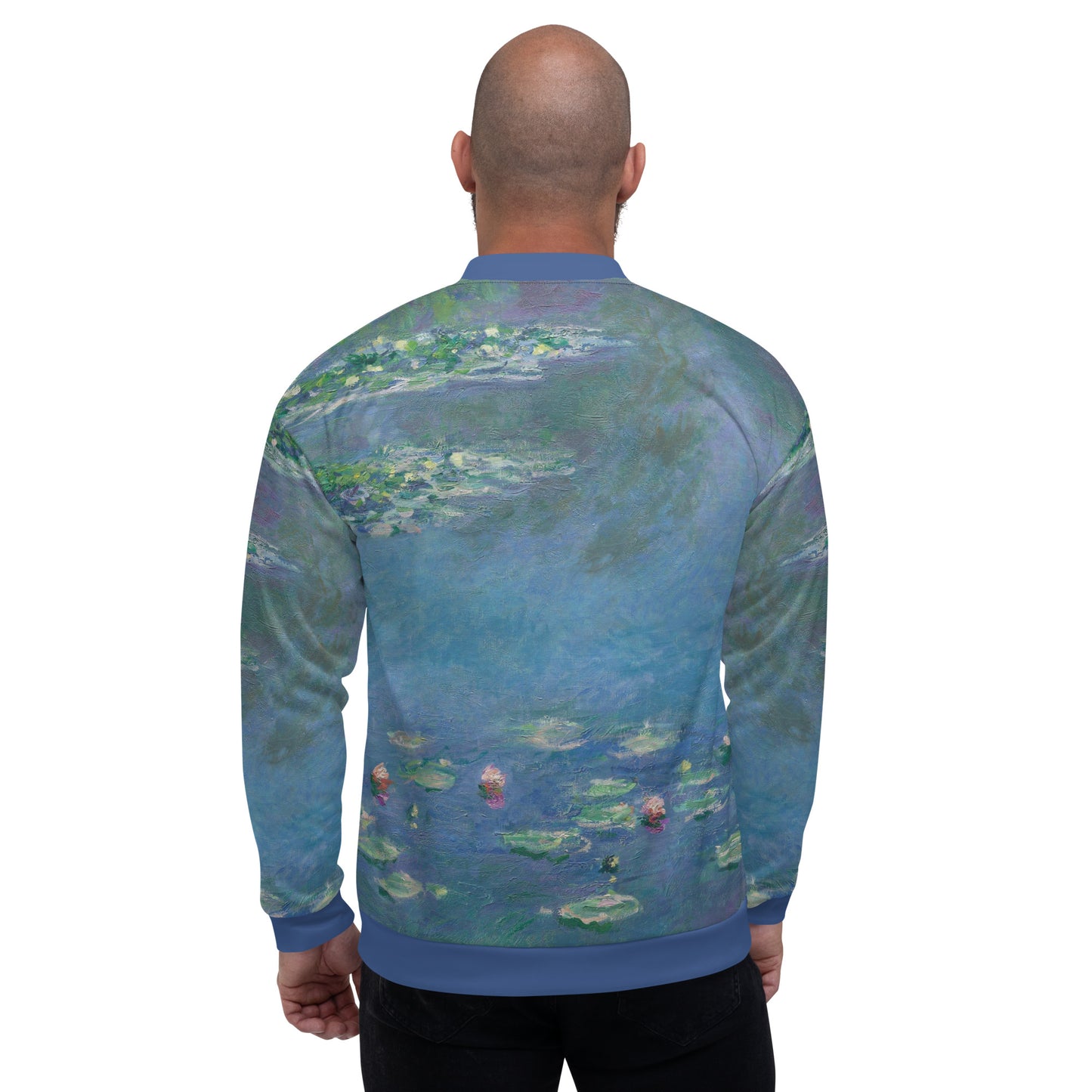 Lightweight unisex bomber style jacket printed with Claude Monet's 'Water Lilies'. Male model rear view.