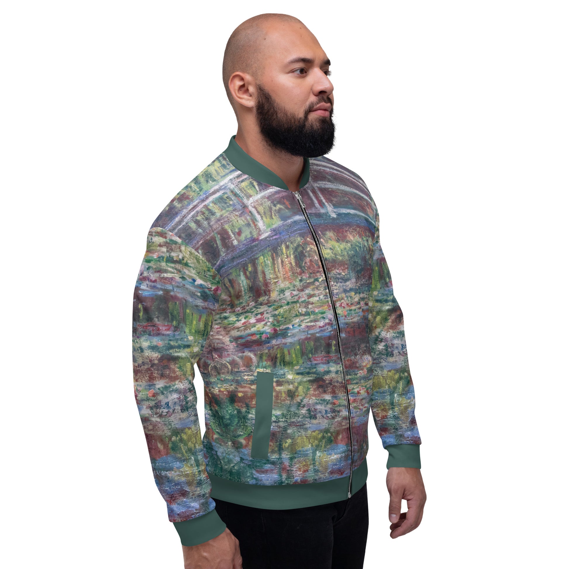 Lightweight bomber style jacket featuring Monets 'Le Bassin aux nymphéas, Harmonie rose' Unisex Lightweight Jacket - Bridge Over Monets Pond & Water Lilies Print. Male model.