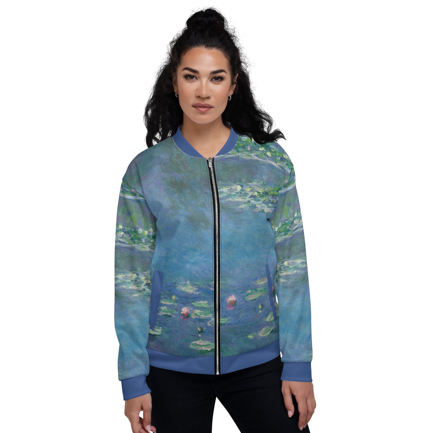 Lightweight unisex bomber style jacket printed with Claude Monet's 'Water Lilies'. Female model facing front.