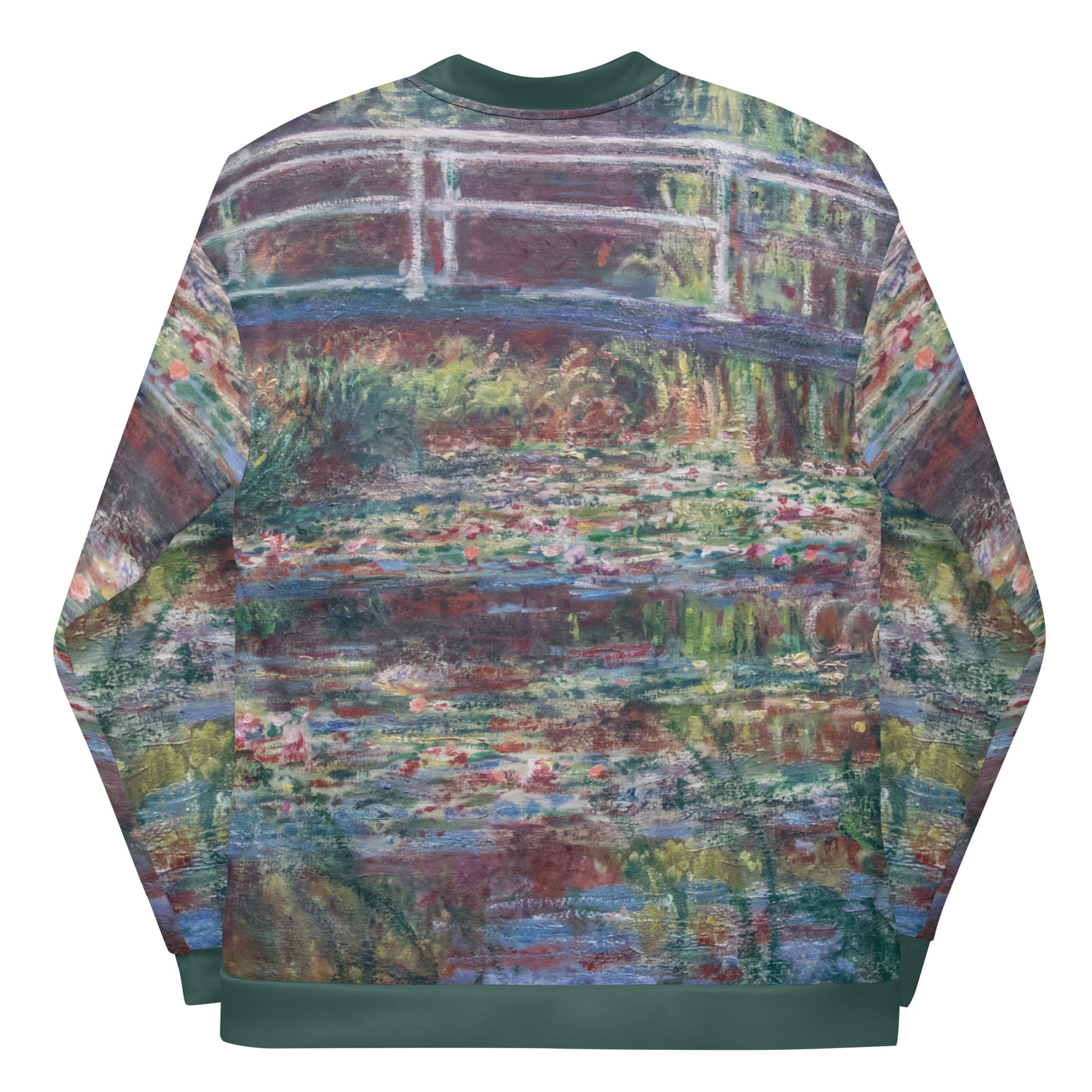 Lightweight bomber style jacket featuring Monets 'Le Bassin aux nymphéas, Harmonie rose' Unisex Lightweight Jacket - Bridge Over Monets Pond & Water Lilies Print.