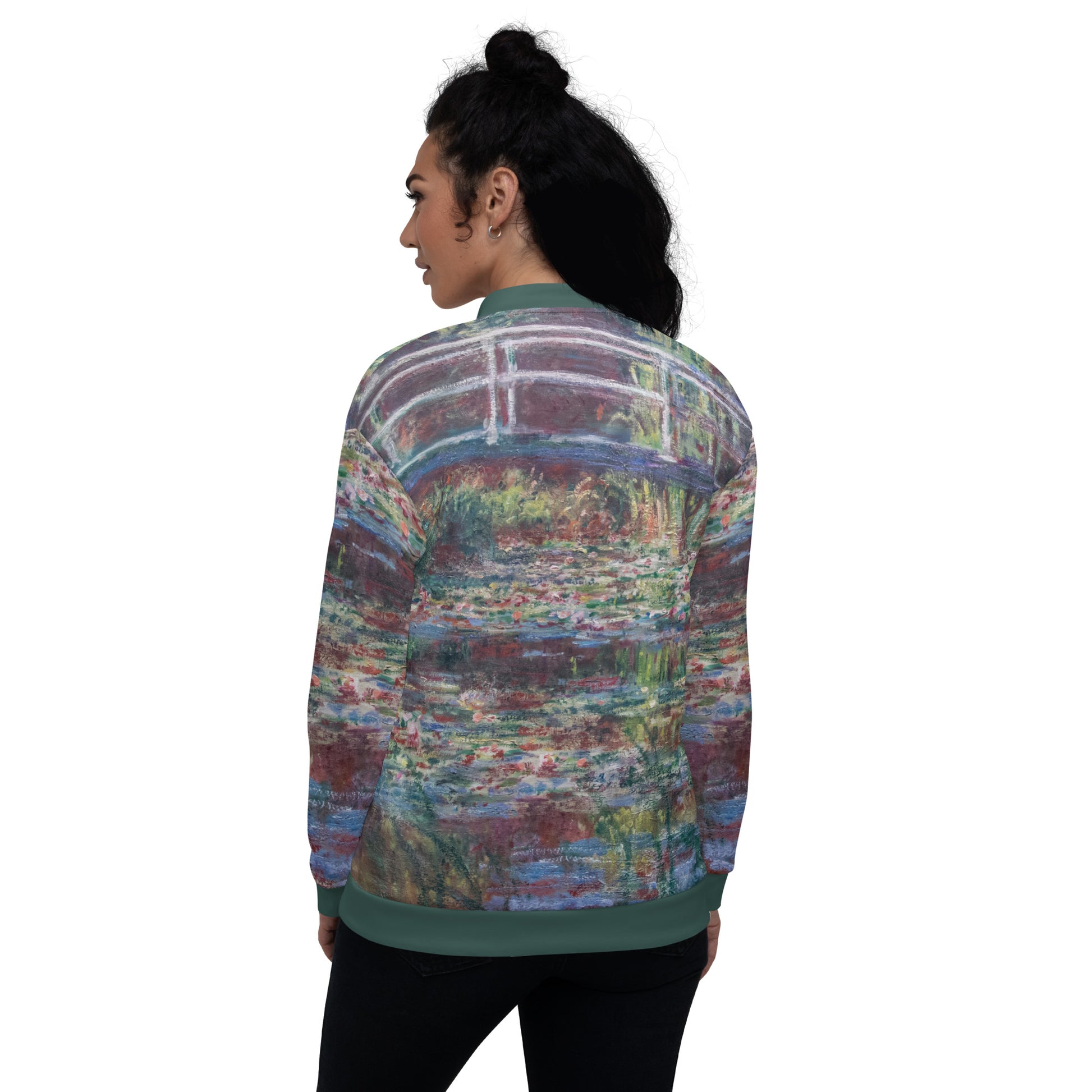 Lightweight bomber style jacket featuring Monets 'Le Bassin aux nymphéas, Harmonie rose' Unisex Lightweight Jacket - Bridge Over Monets Pond & Water Lilies Print. Female model rear view.