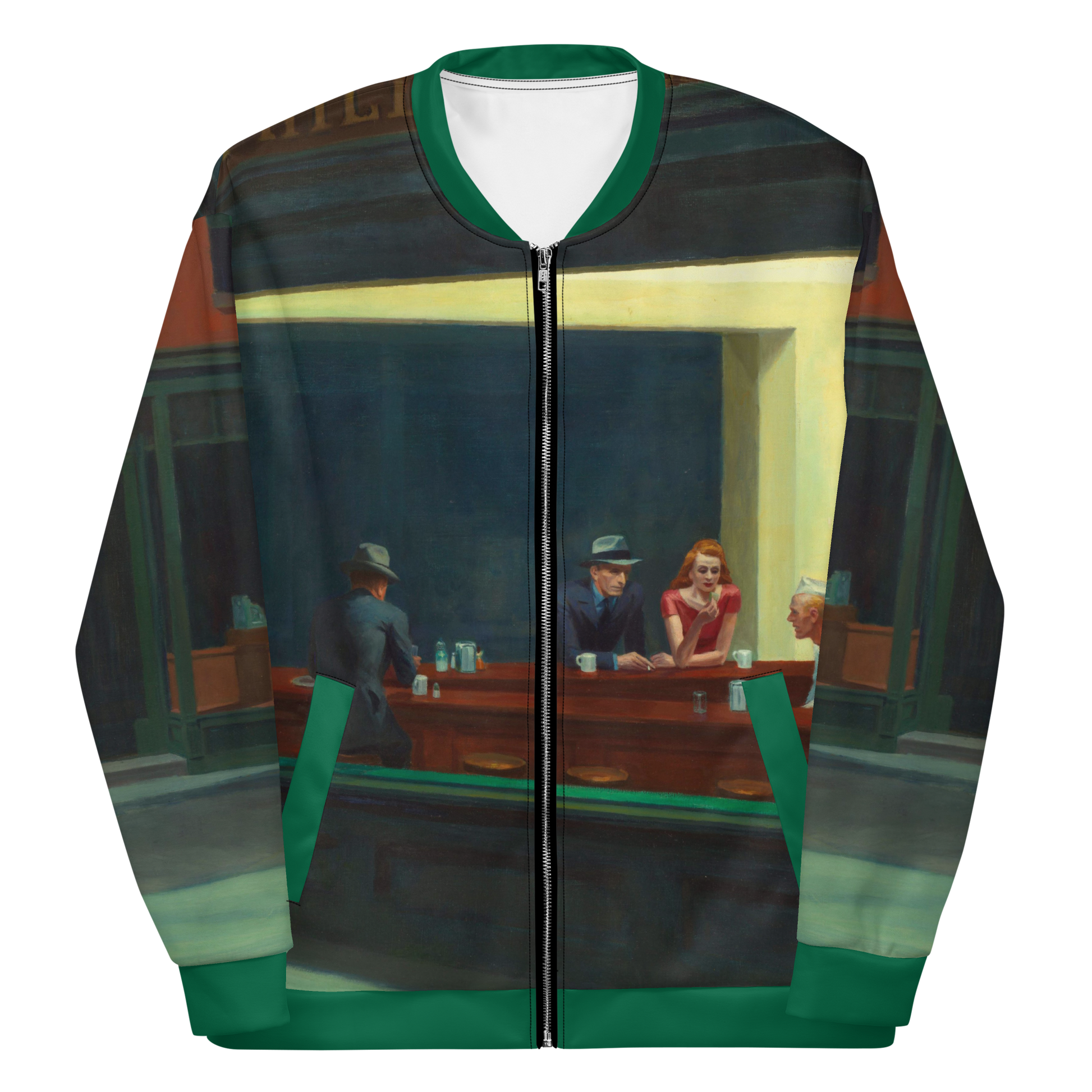 All over print lightweight bomber jacket featuring 'Nighthawks' by Edward Hopper.