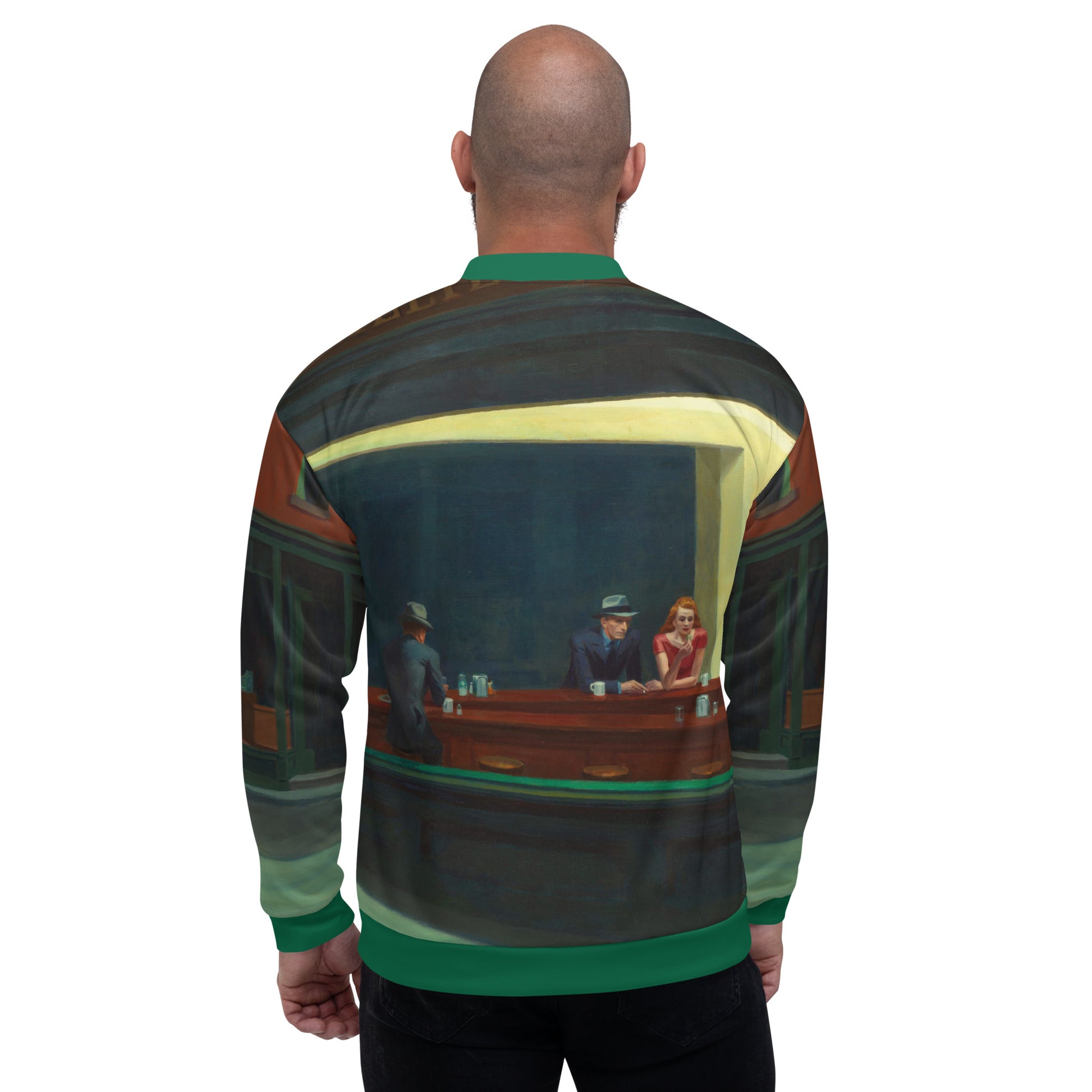 All over print lightweight bomber jacket featuring 'Nighthawks' by Edward Hopper. Male model back.