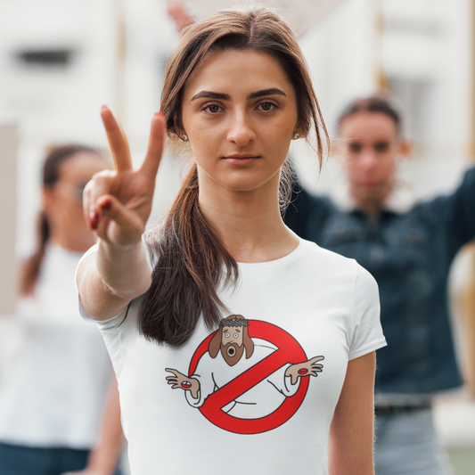 Young woman at a protest making a peace sign wearing a Atheism T-shirt with a graphic of Jesus inside a red warning sign.