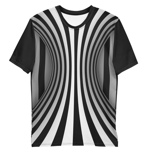 Black and white optical illusion men's all over print T-shirt, laid flat, front view