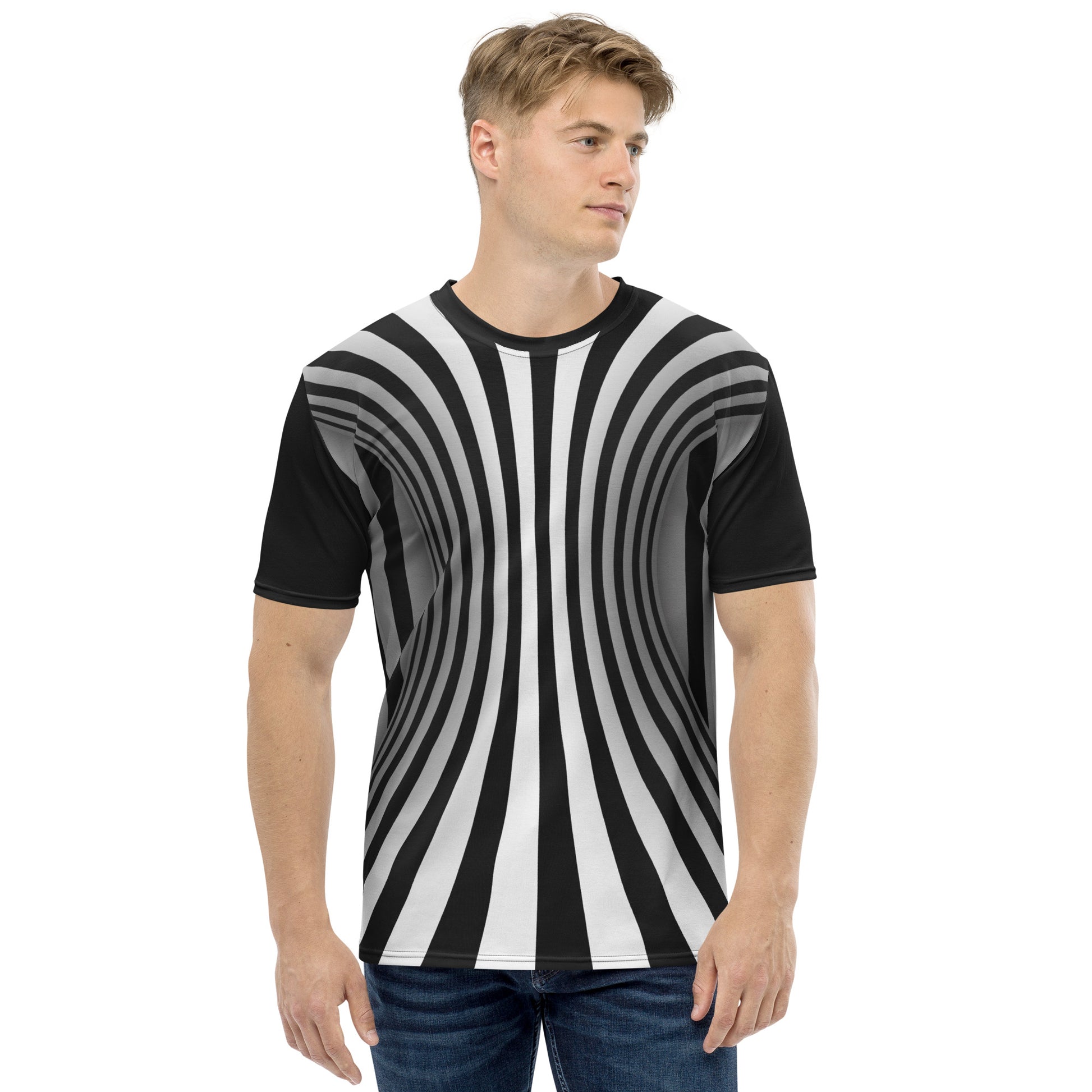 Male model wearing Black and white optical illusion men's all over print T-shirt, front view