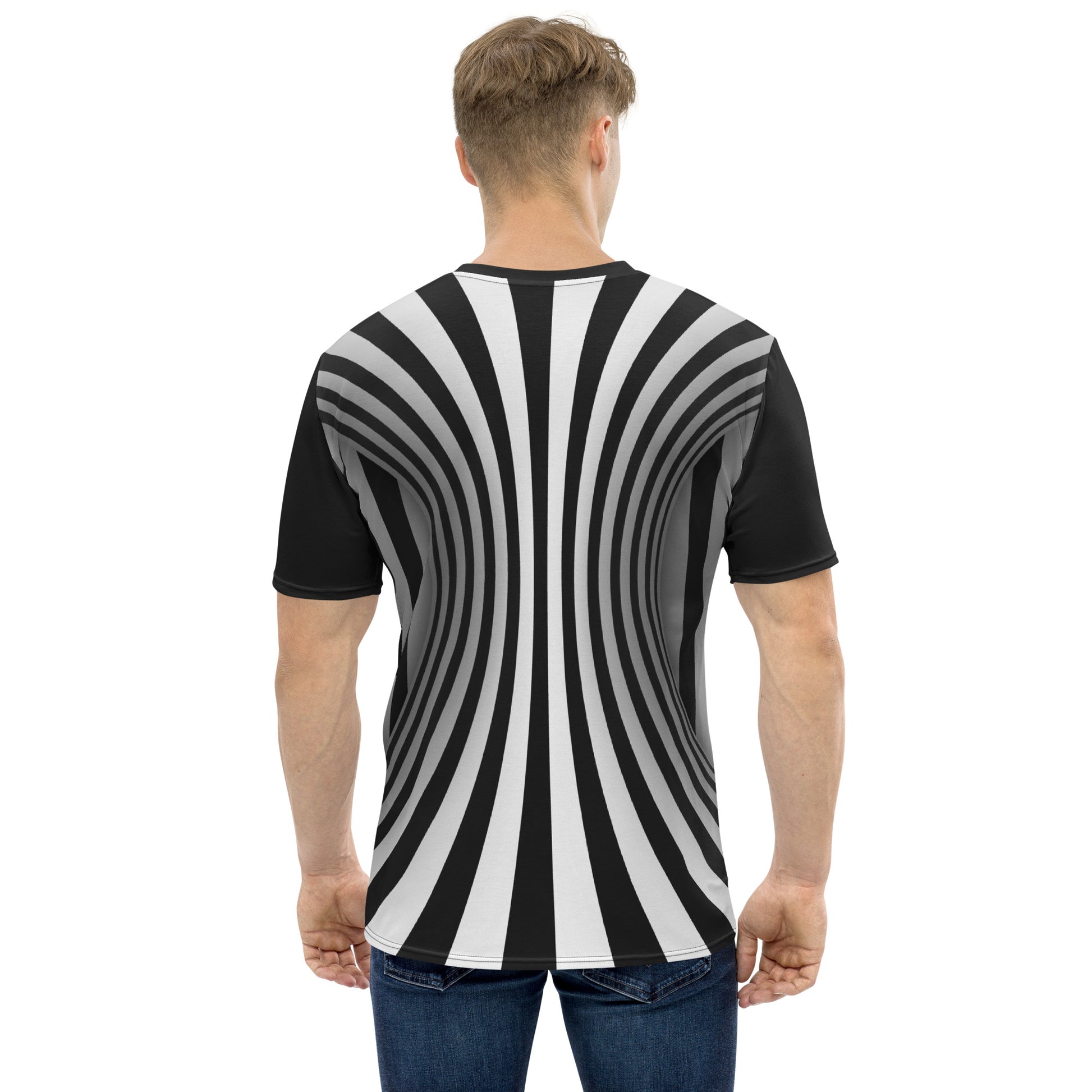 Male model wearing Black and white optical illusion men's all over print T-shirt, rear view