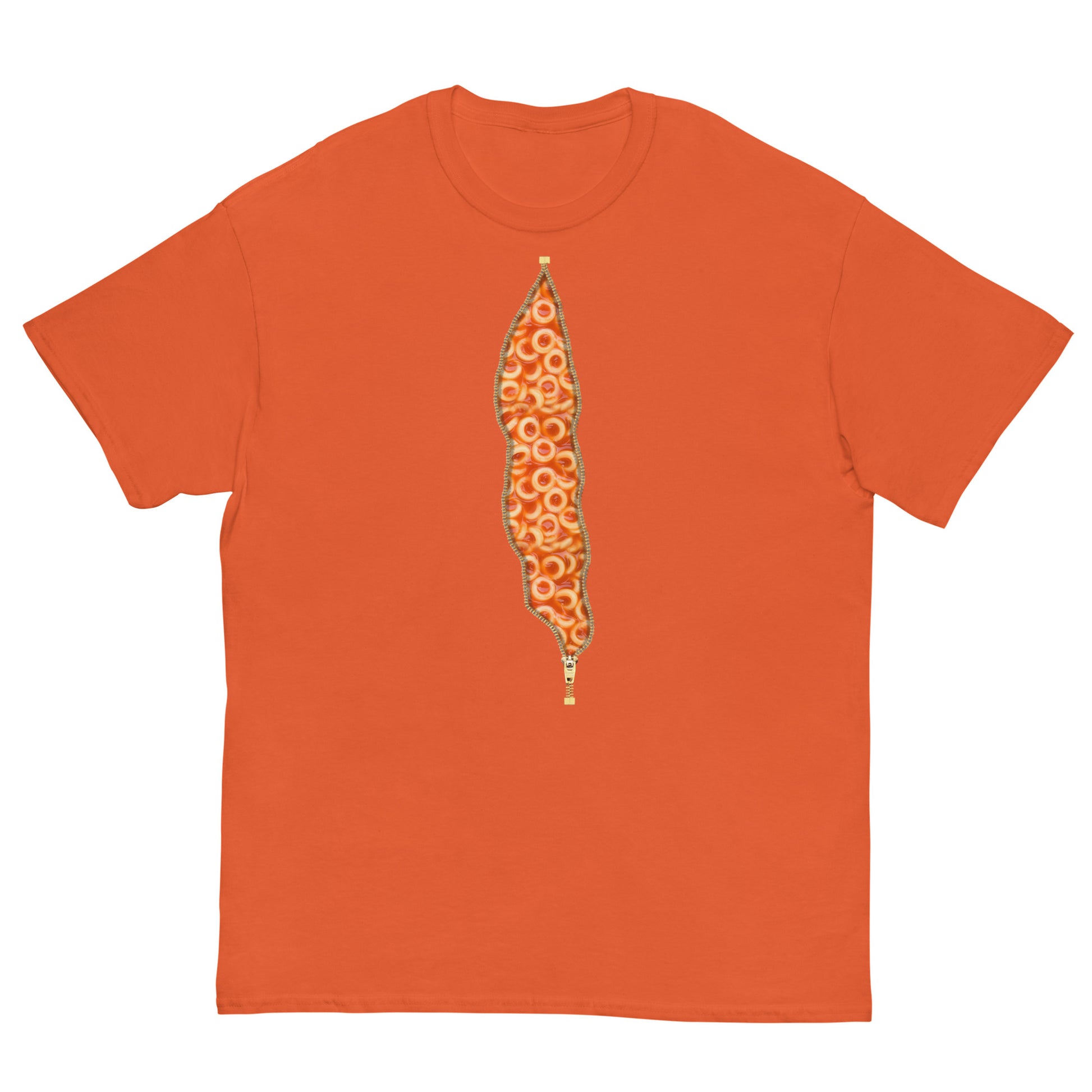 Orange unisex crew neck tee with spaghetti o design