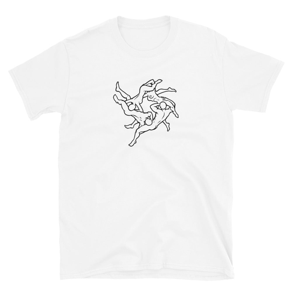 T-shirt with four adults having an orgy outline graphic, white shirt laid flat.