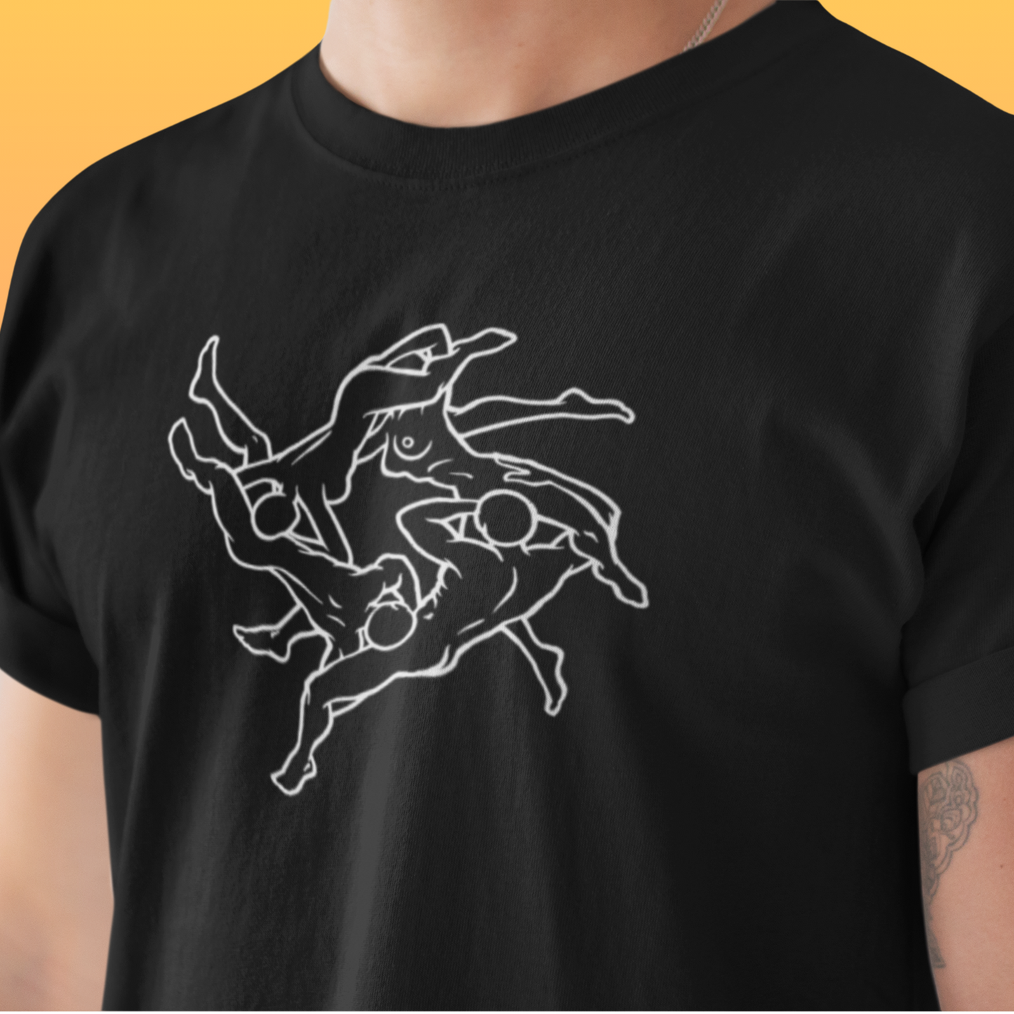 Close up of a T-shirt with four adults having an orgy outline graphic in black.