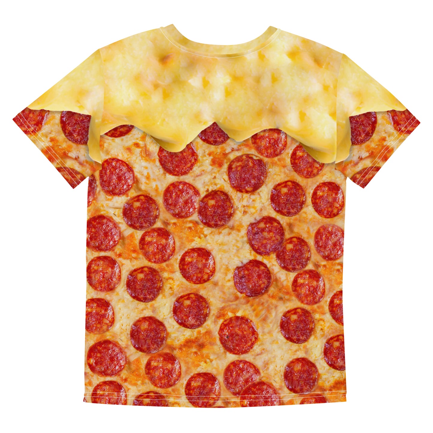 Pepperoni pizza all over print t-shirt with cheese melting over the shoulders, laid flat, back