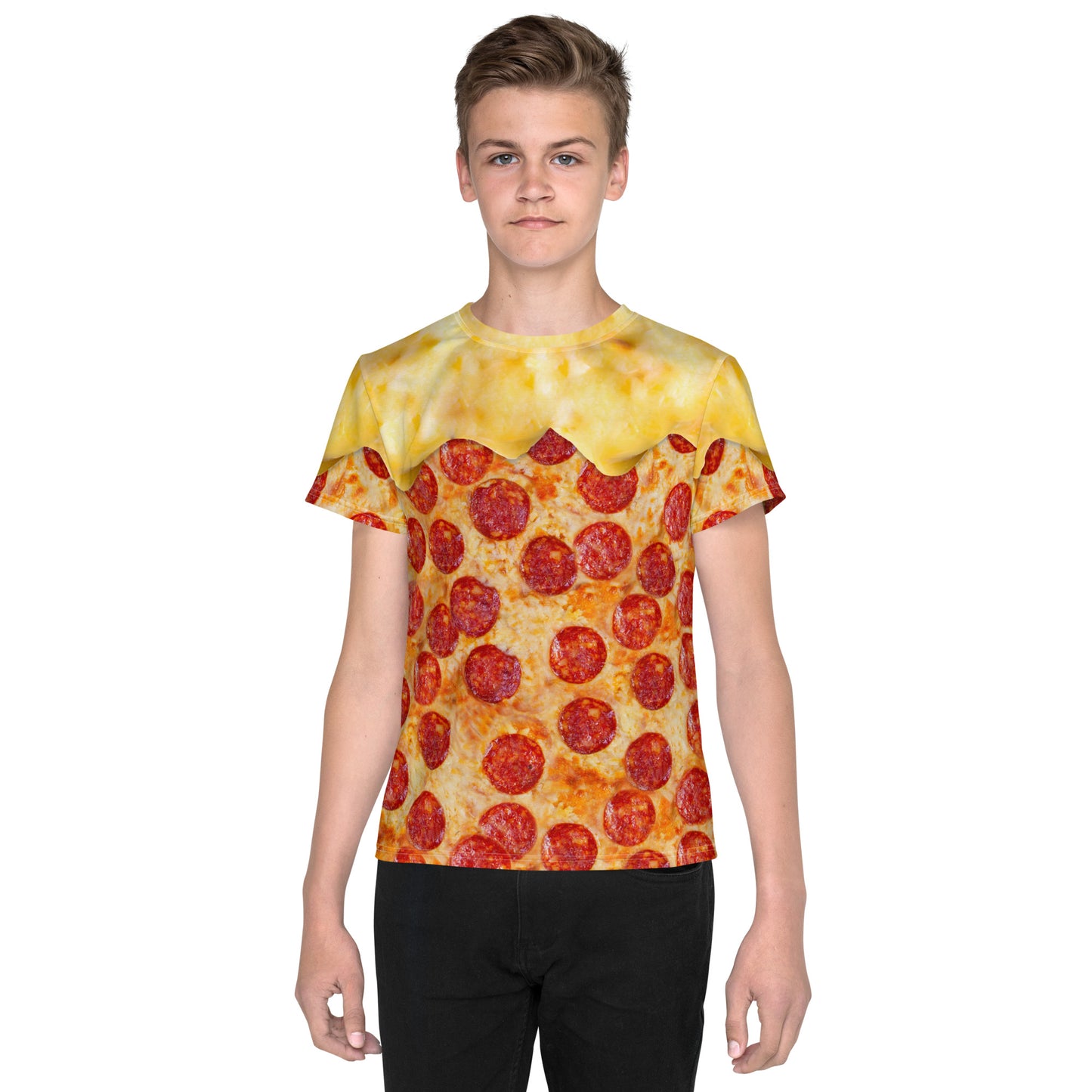 Teenage boy wearing a pepperoni pizza all over print t-shirt with cheese melting over his shoulders, front view