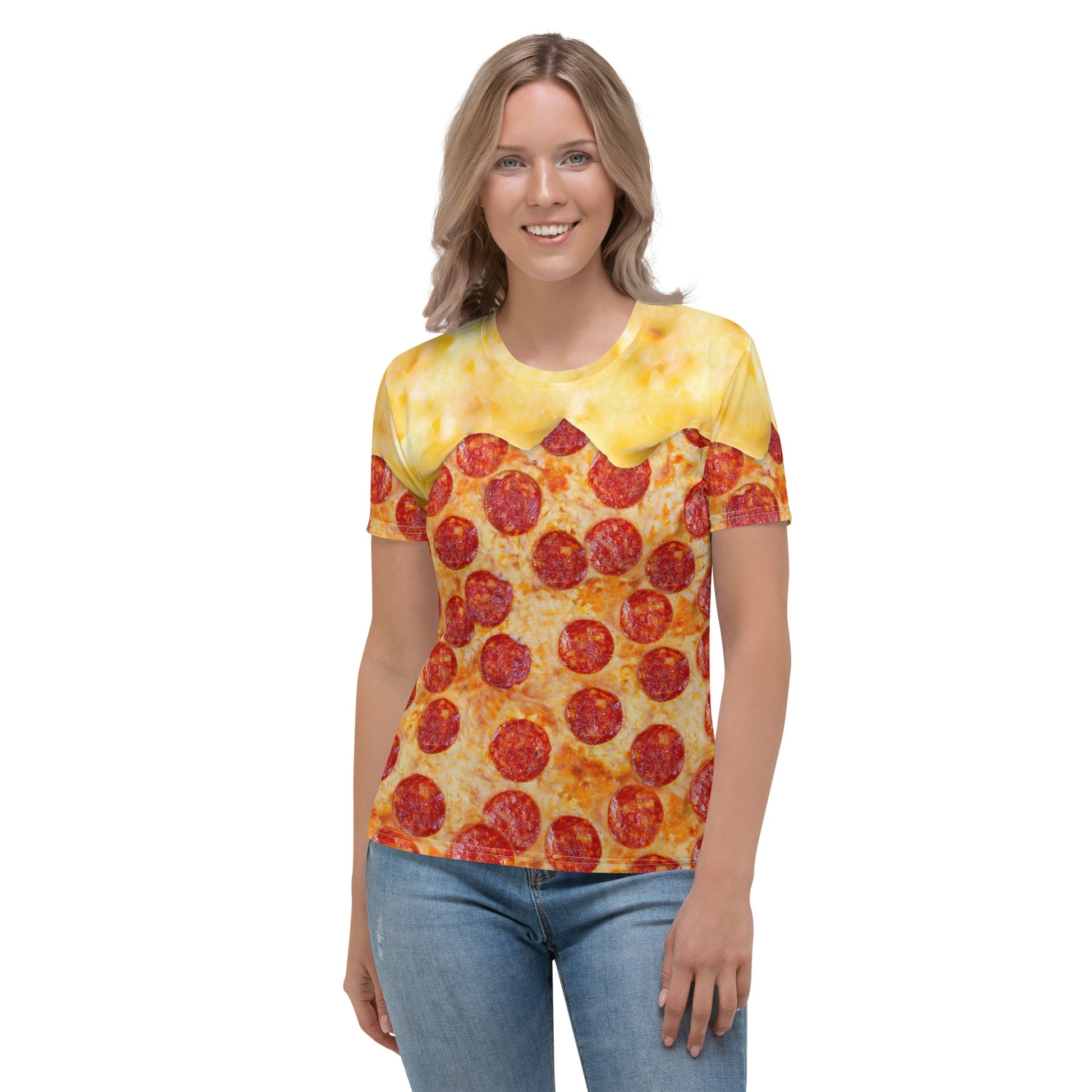 female model wearing Pepperoni pizza women's all over print T-shirt with melting cheese