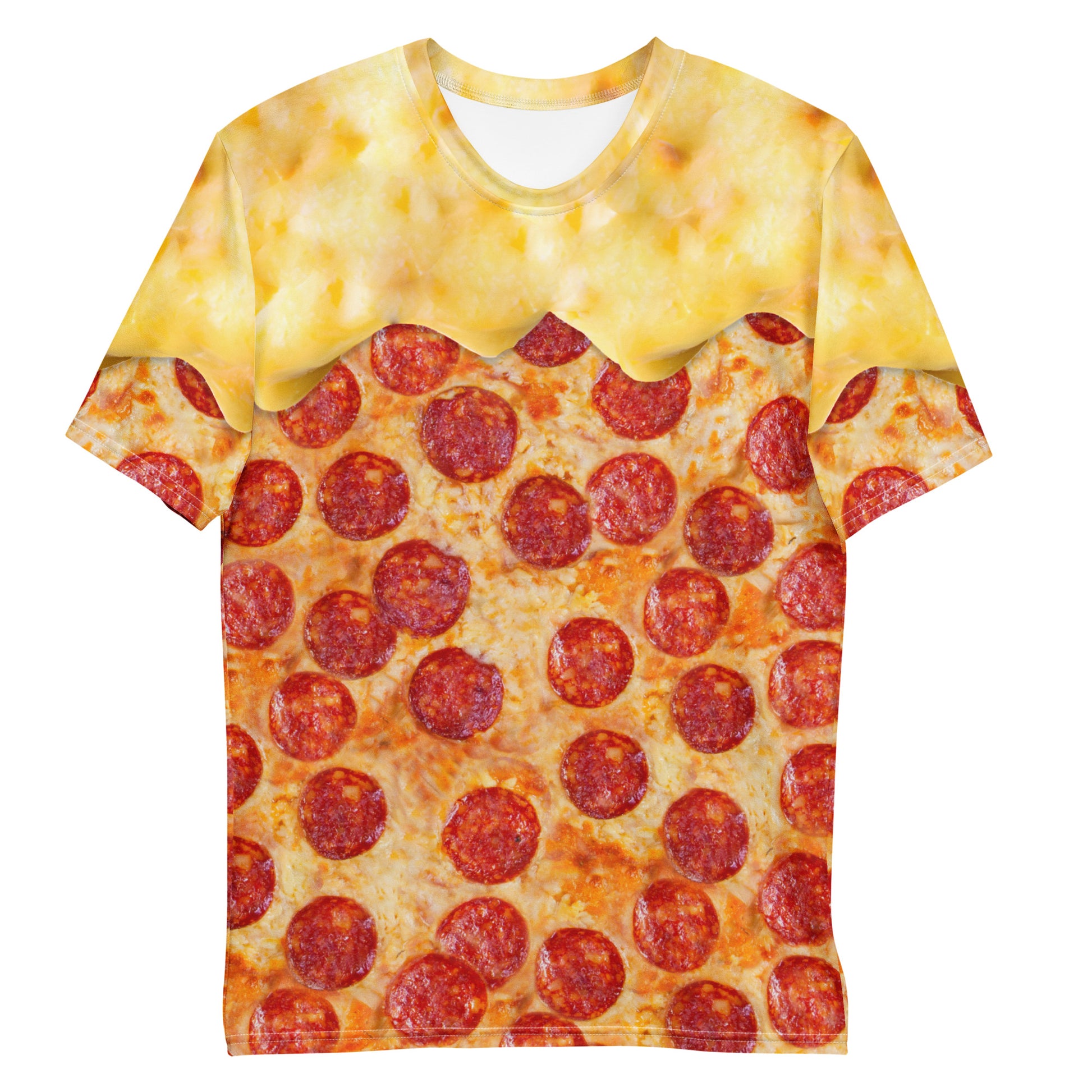 Men's pepperoni pizza with melting cheese all over print T-shirt laid flat front