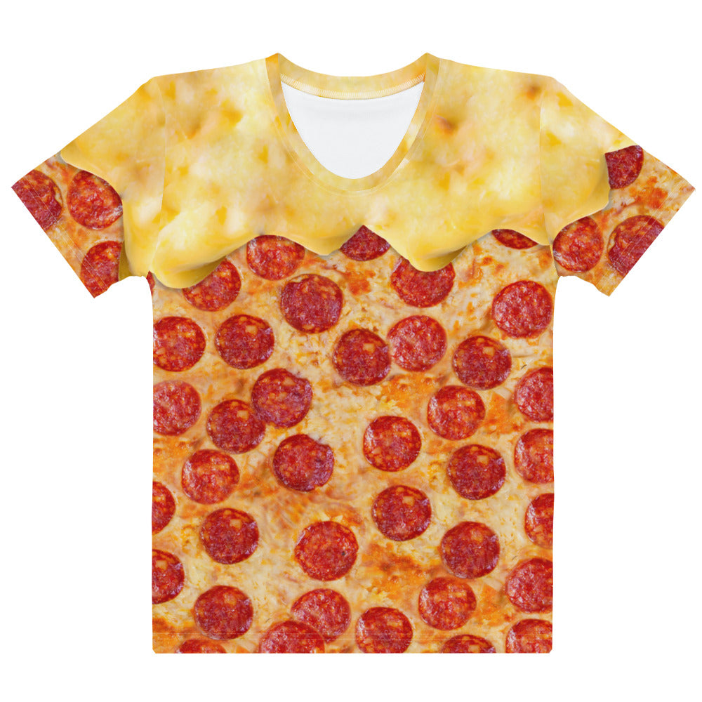 Pepperoni pizza women's all over print T-shirt with melting cheese laid flat front