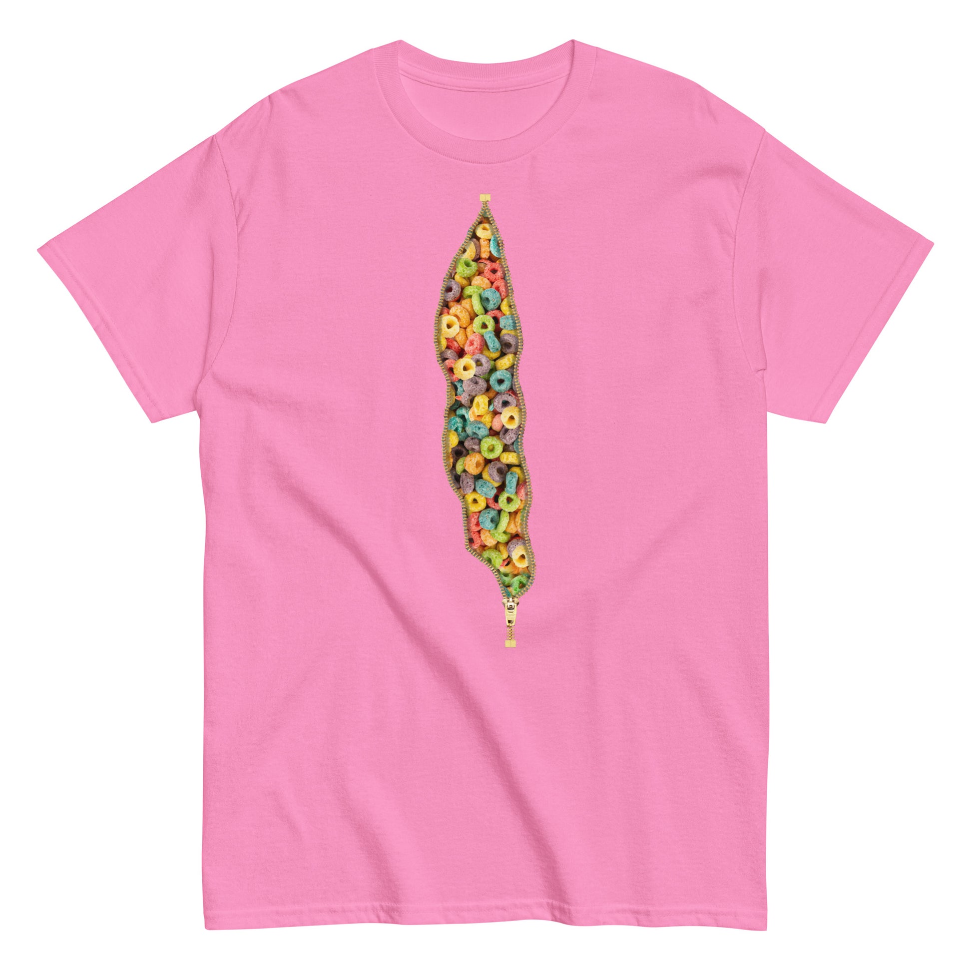 Pink T shirt with Froot Loops design showing an open zipper with Fruit Loops inside.