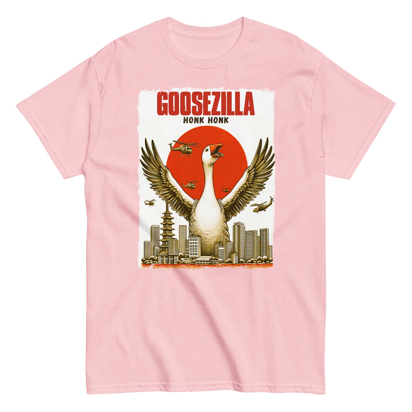 Funny Goosezilla Godzilla Spoof T-shirt, Honk Honk, light pink.