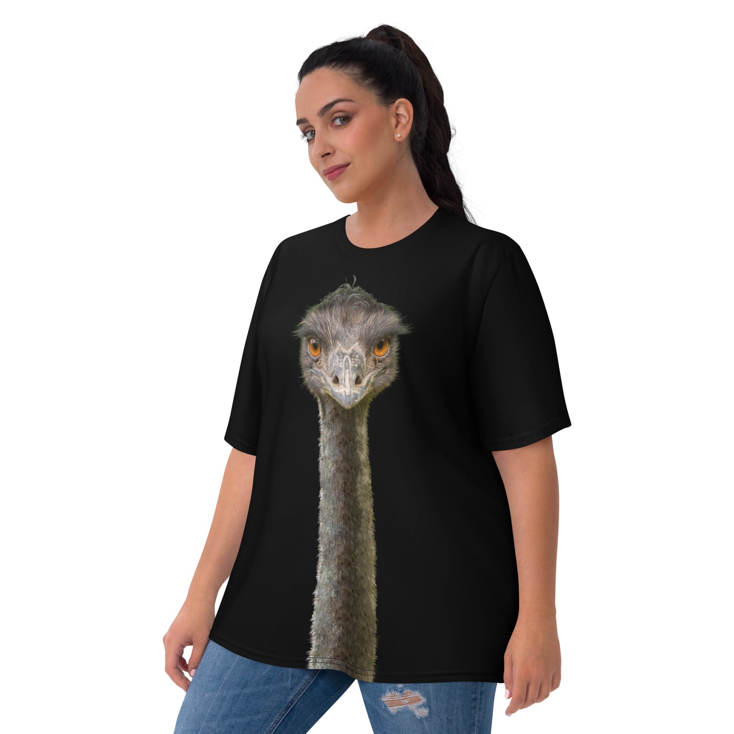 Plus size Female model wearing a black all over print novelty T-shirt with an Emu head and neck printed on the front and back, facing forward