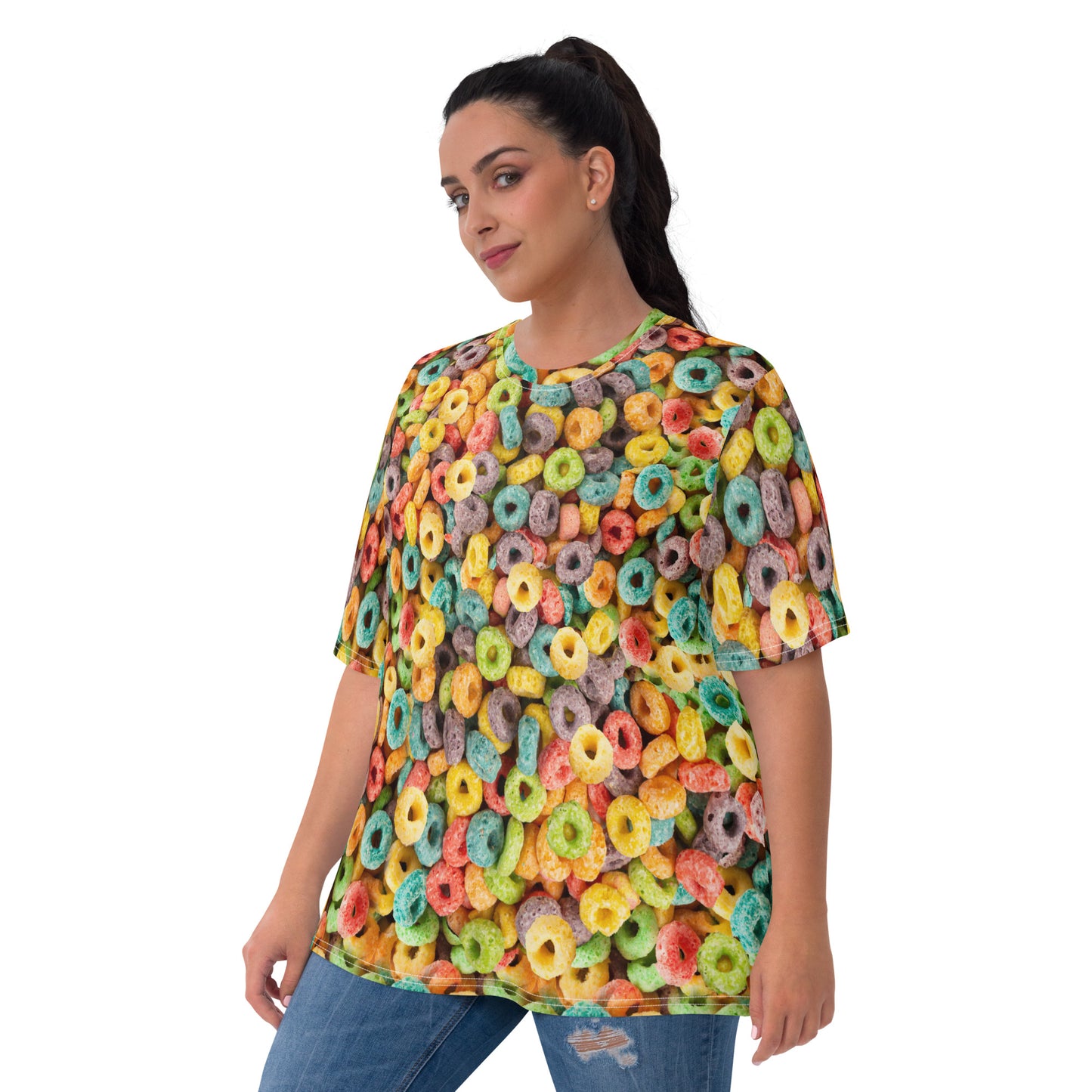 plus size Woman wearing an all over print fruity loops cereal T-shirt, front view