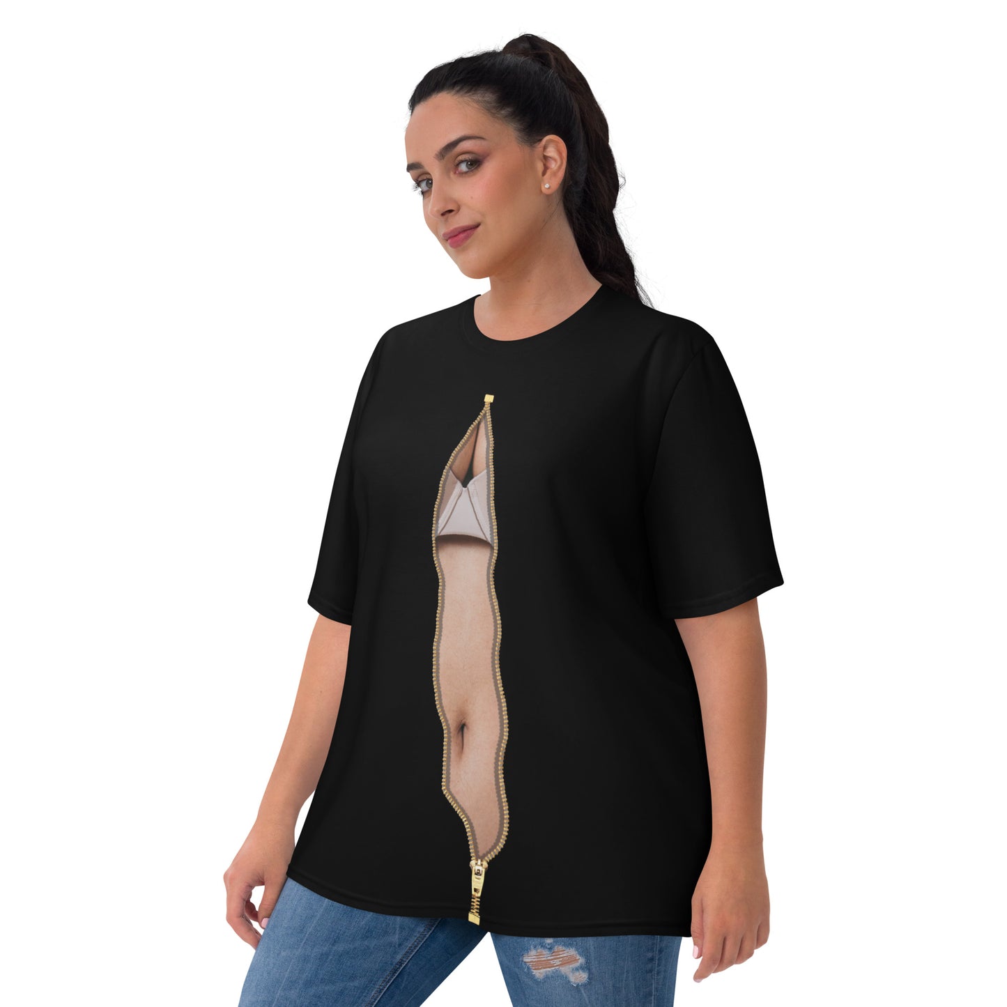 Women's SEXY UNZIPPED BOOBS & BELLY All Over Print Funny Novelty T-shirt